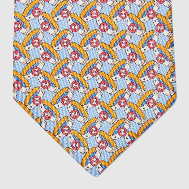 Round Interlocking G belts print silk tie 3