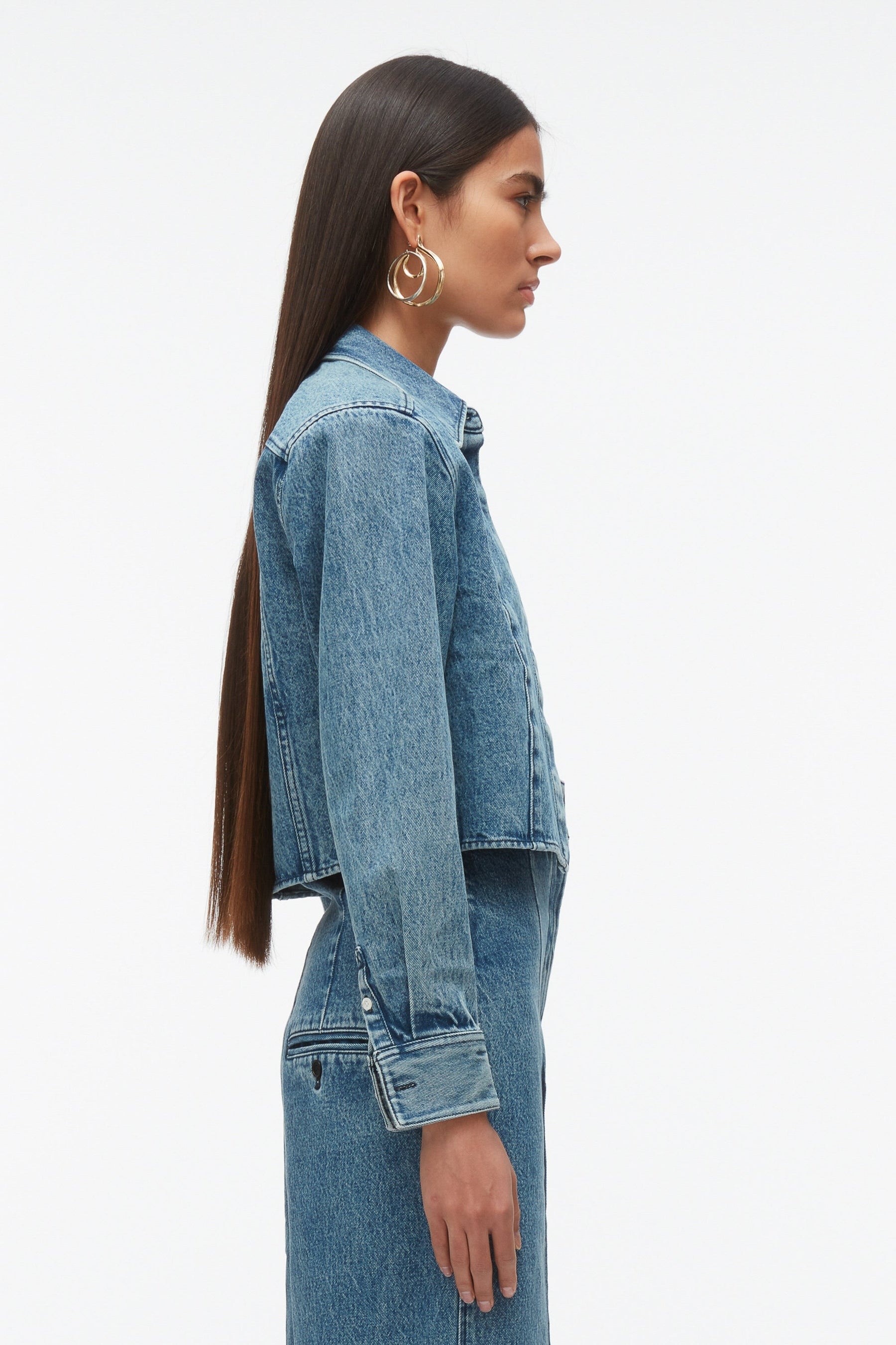 Denim Cropped Shirt with Shoulder Pads - 4