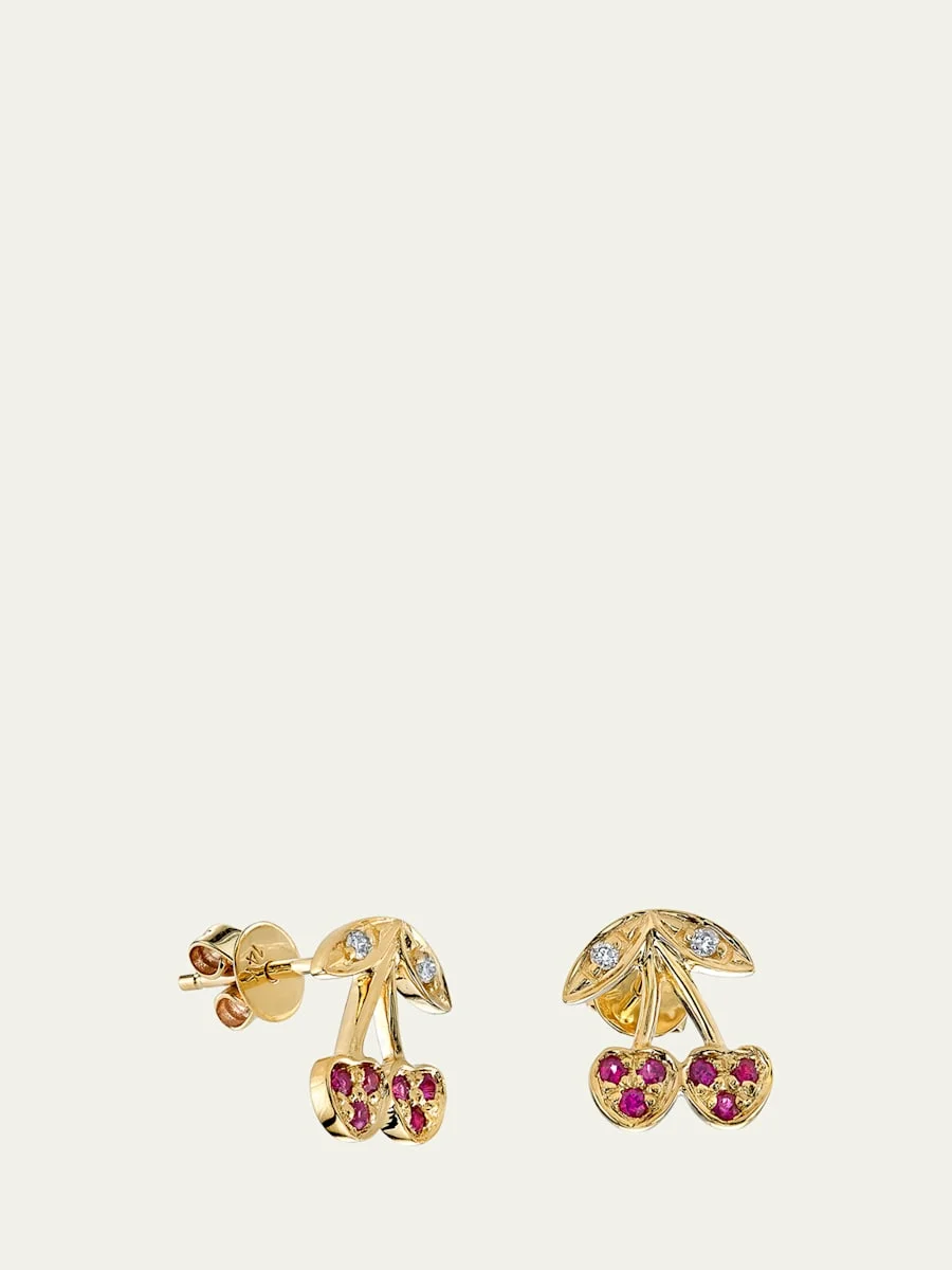 14K Diamond and Ruby Cherry Stud Earring, Single - 1