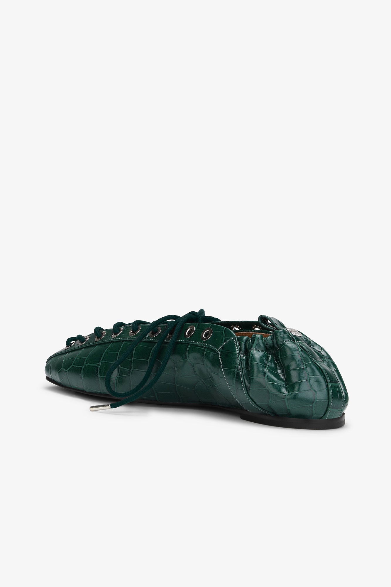 GREEN CROC-EMBOSSED LACE-UP FLATS - 3