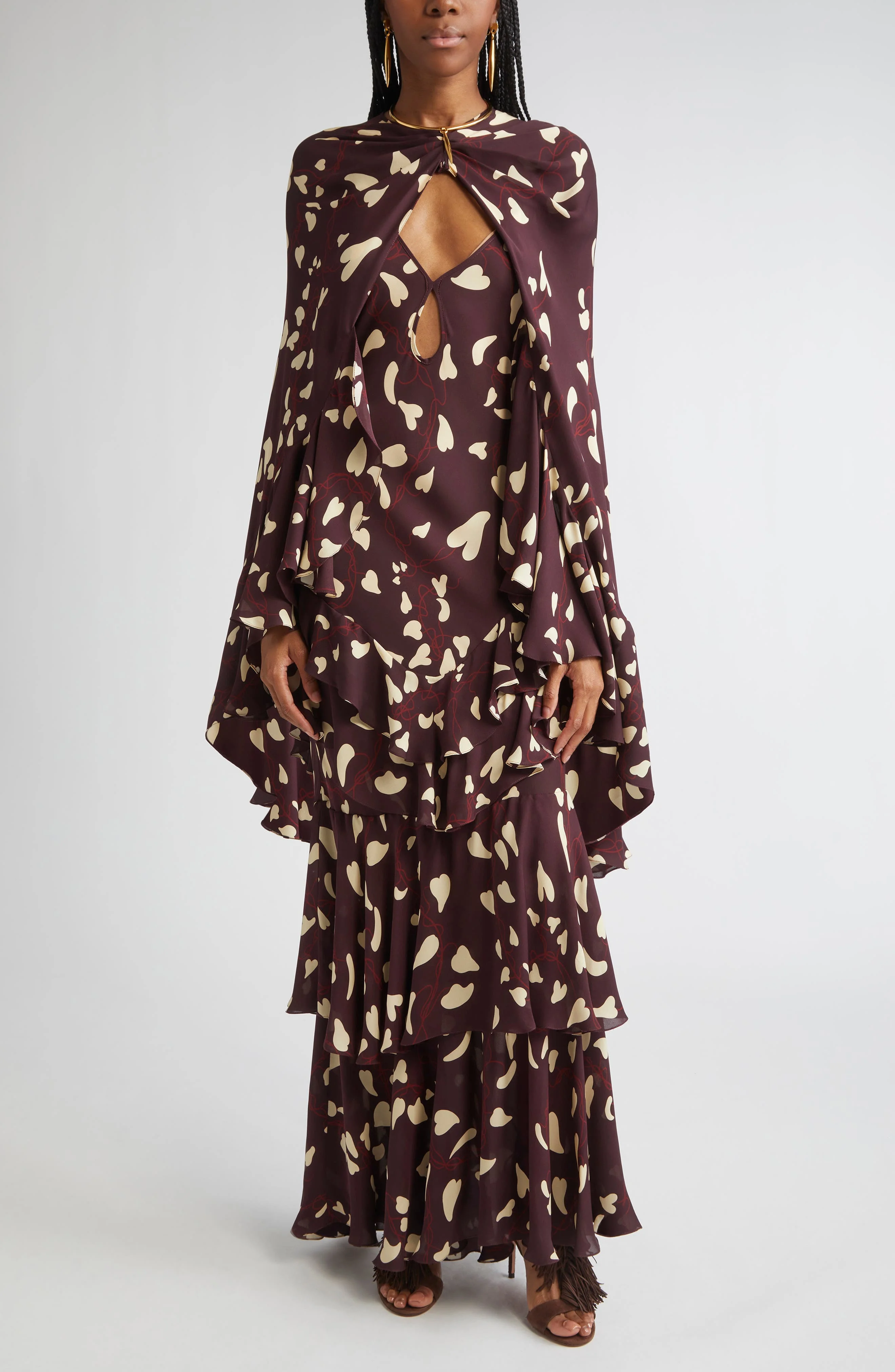Johanna Ortiz Reinterpretation Heart Print Silk Maxi Dress in Dark Chocolate /Ecru /Red at Nordstrom - 1