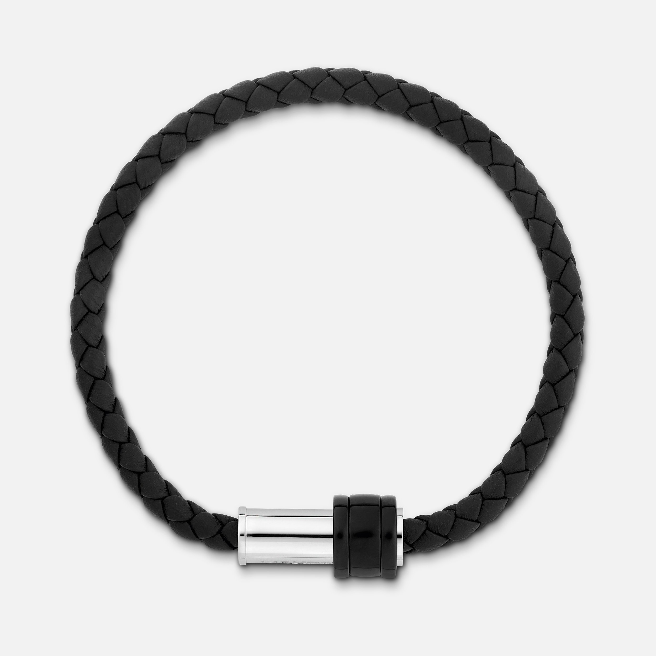 Bracelet in woven black leather with steel closing, black PVD finish and three rings - 3