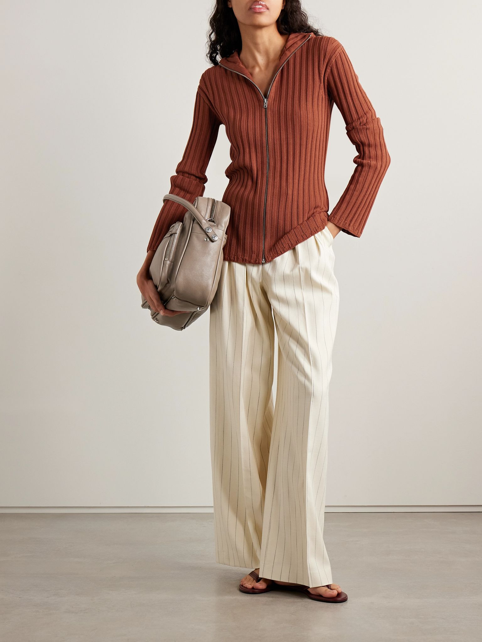 Hooded ribbed cotton cardigan Brick - 2