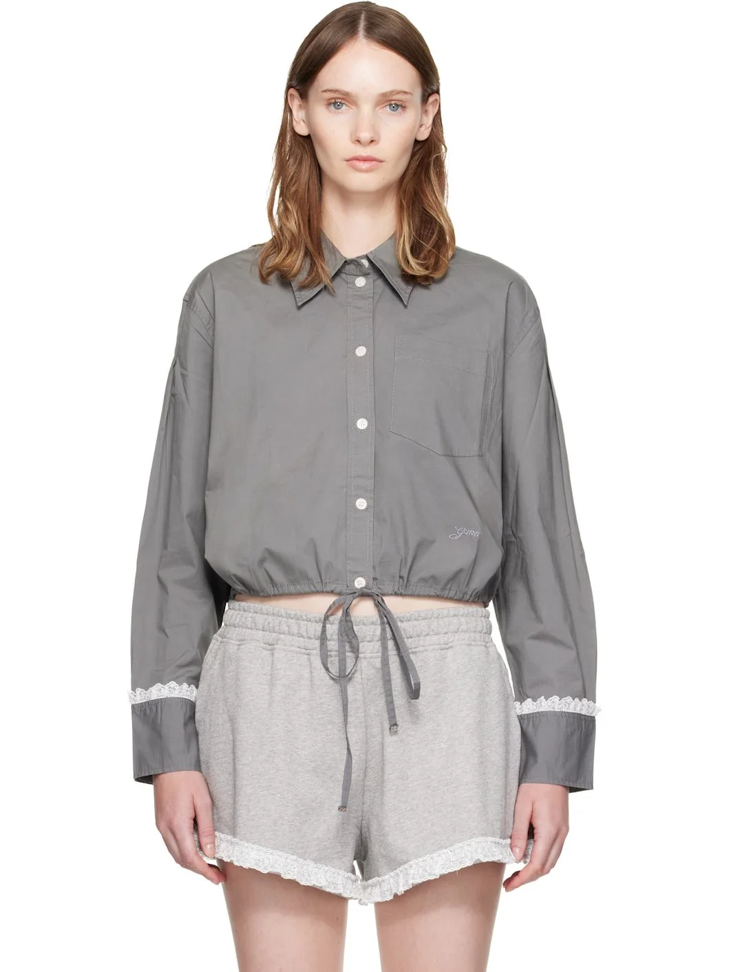 Gray Stretch Cotton Cropped Bowling Shirt - 1