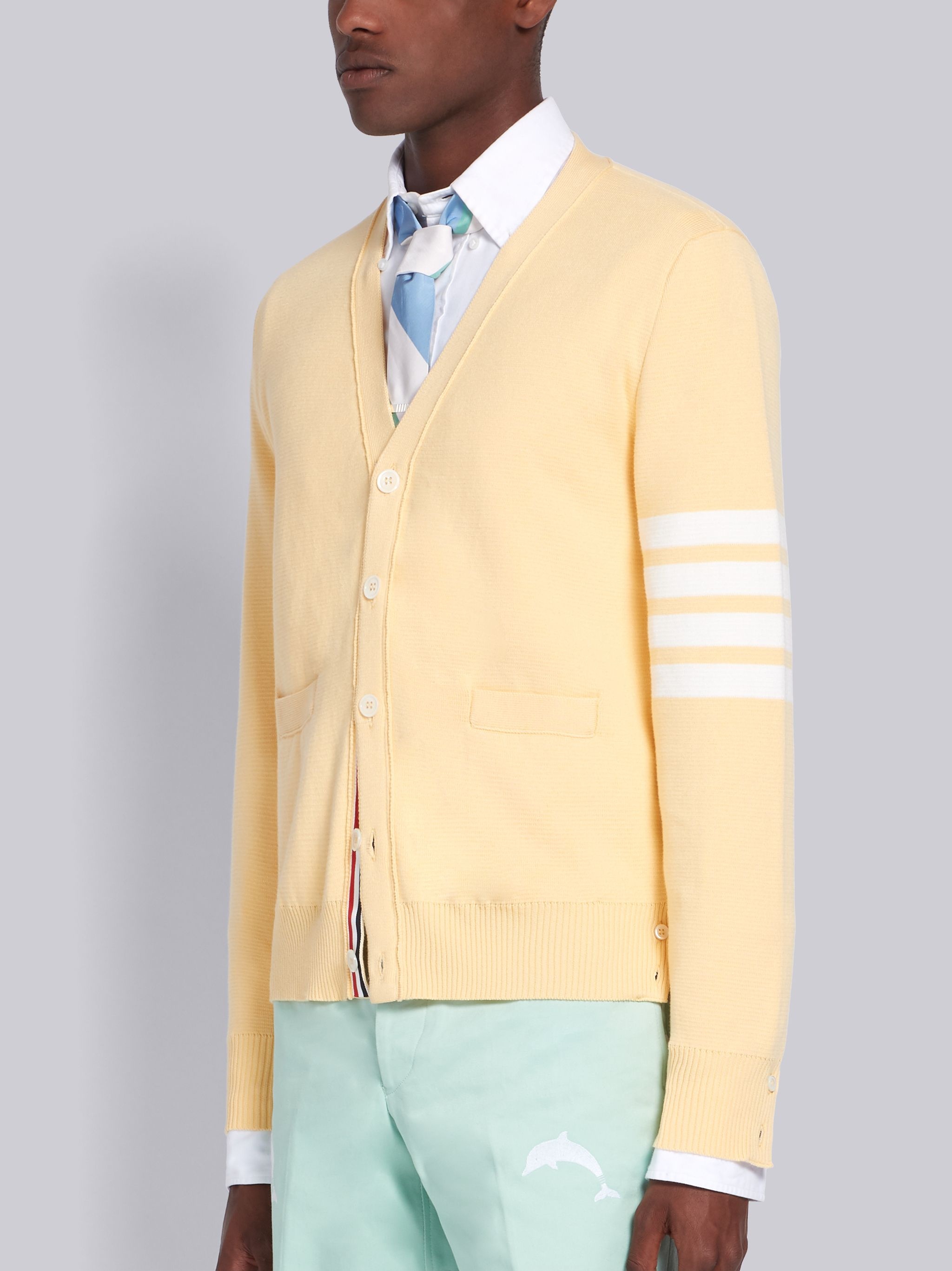 Yellow Cotton V-Neck 4-Bar Cardigan - 2