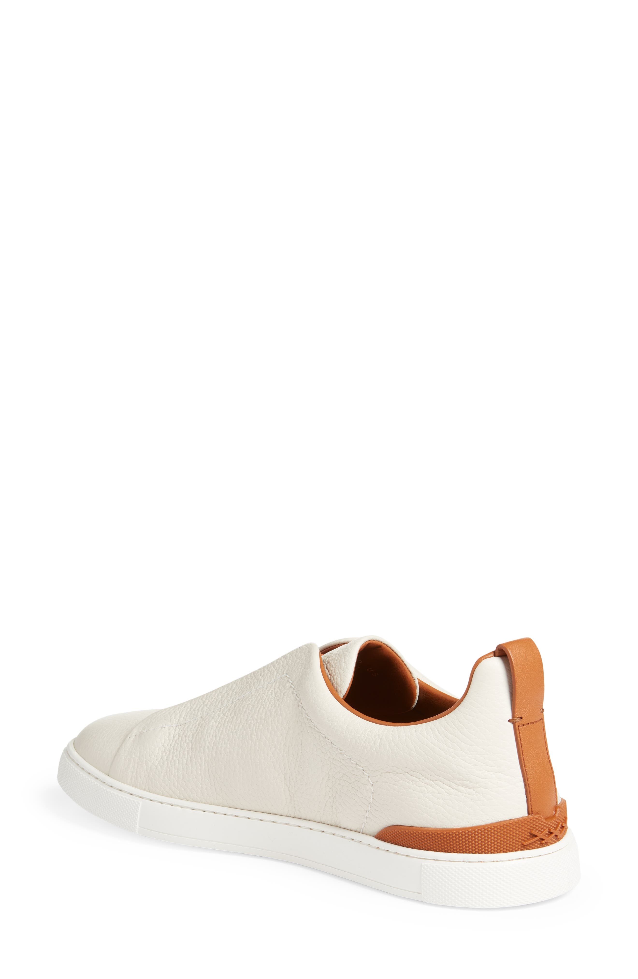 ZEGNA Triple Stitch Deerskin Leather Slip-On Sneaker in White/Folliage at Nordstrom - 2