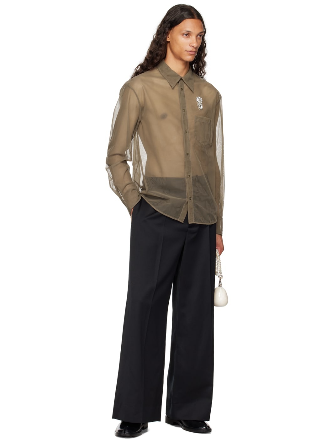 Khaki Sheer Embellished Shirt - 4