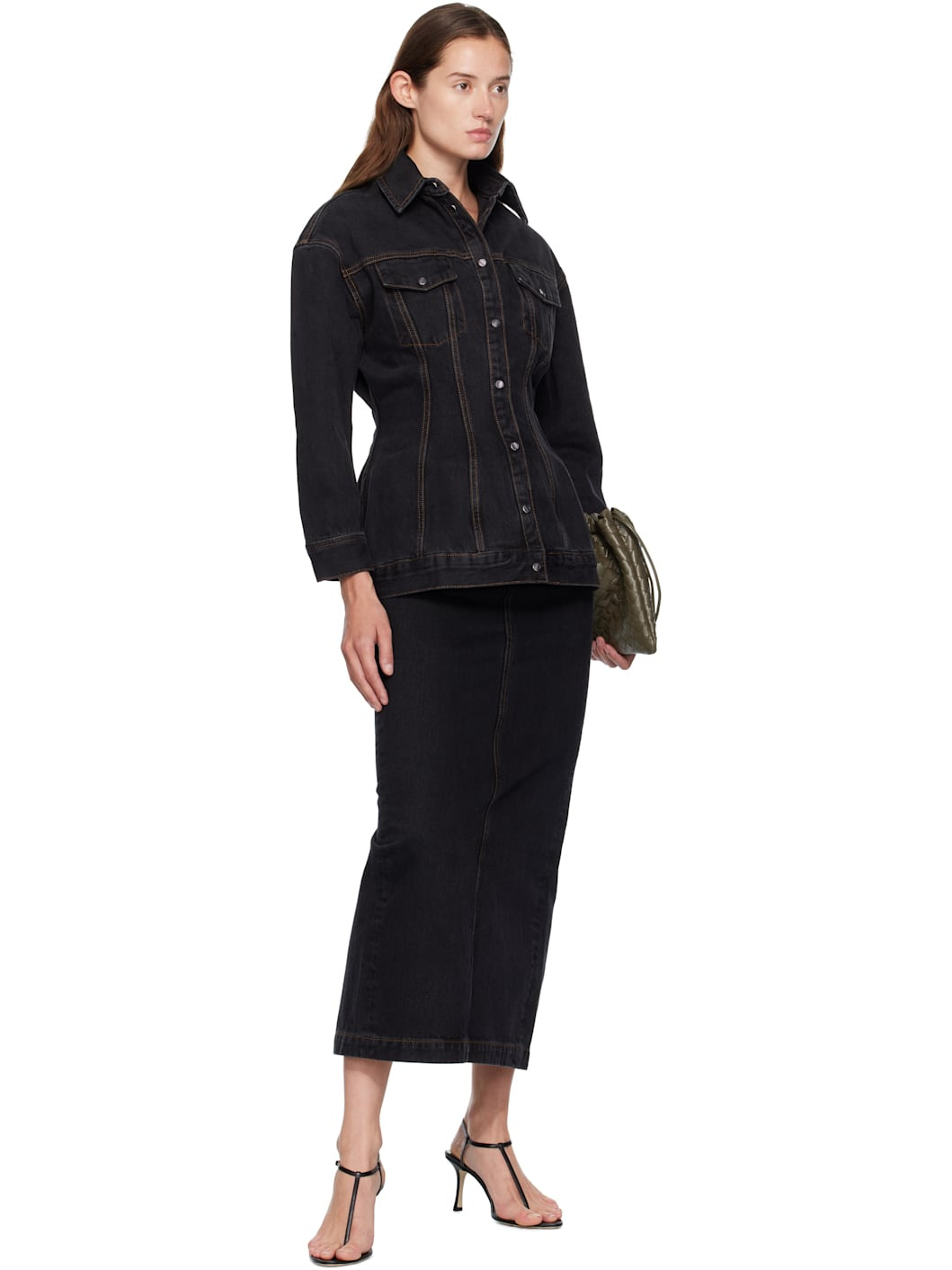 Black Denim Column Midi Skirt - 4