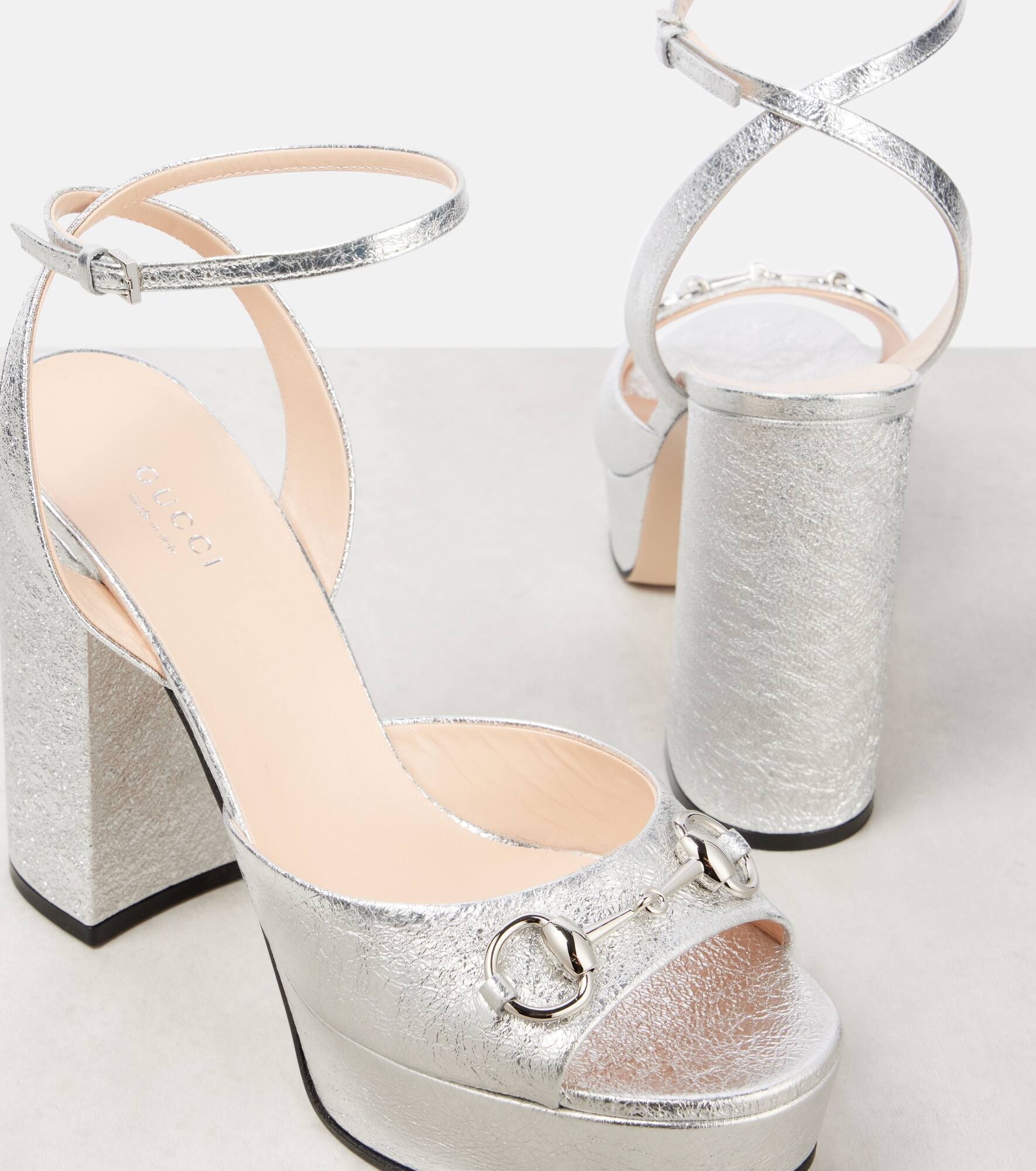 Horsebit metallic leather platform sandals - 5