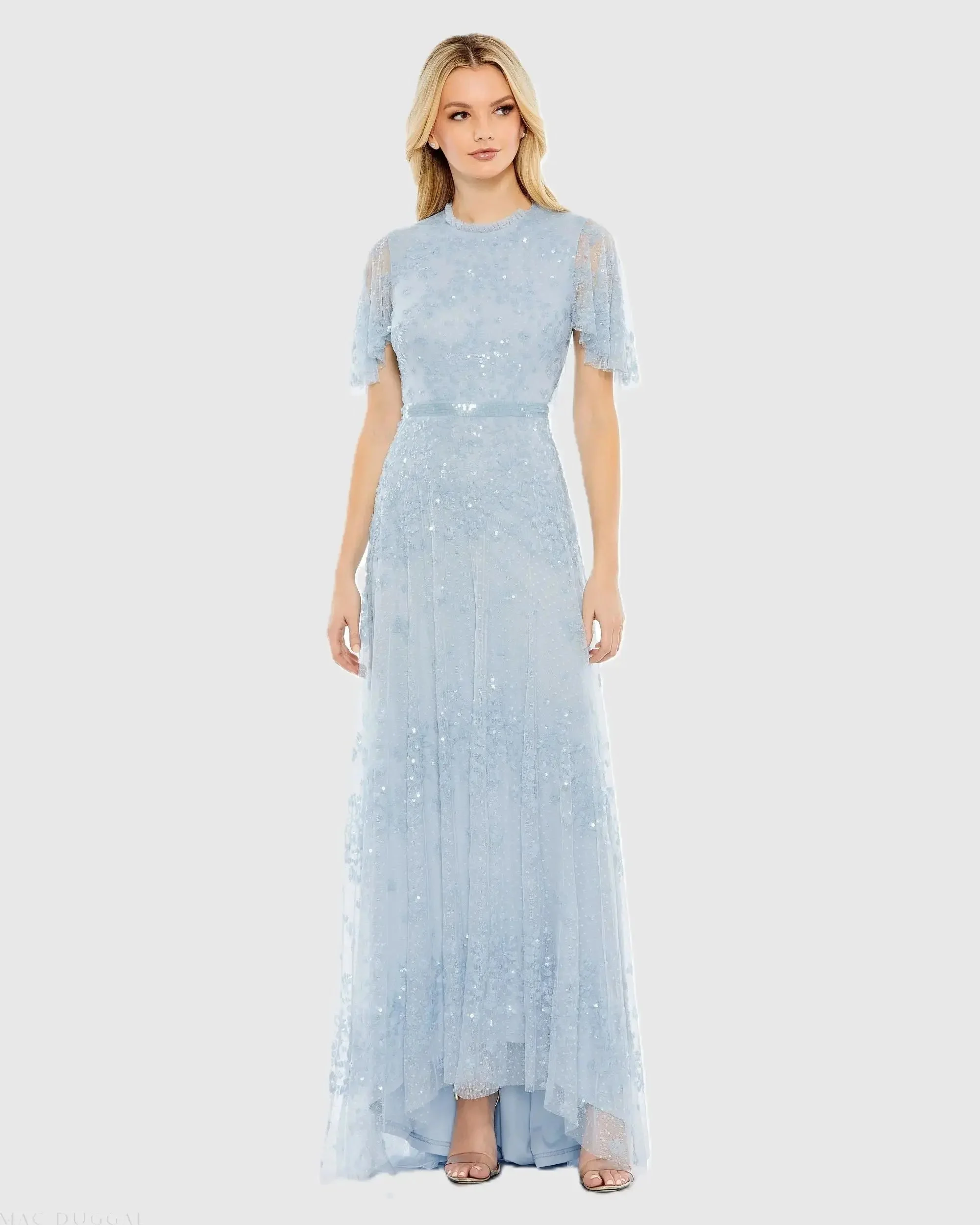 Powder Blue Sequined High Neck Flutter Sleeve A Line Gown - 1
