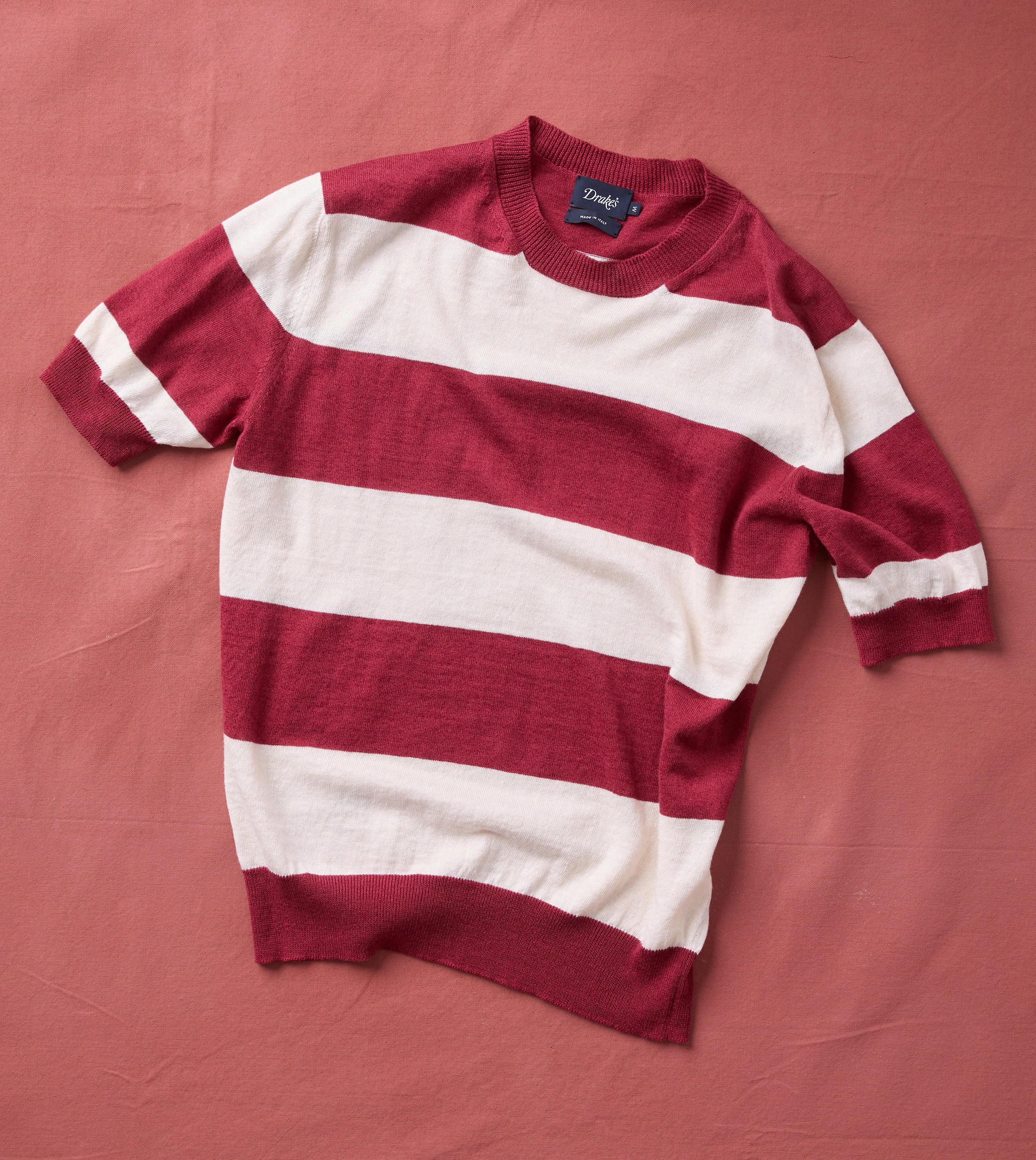 Ecru and Burgundy Stripe Crew Neck Knitted T-Shirt - 1