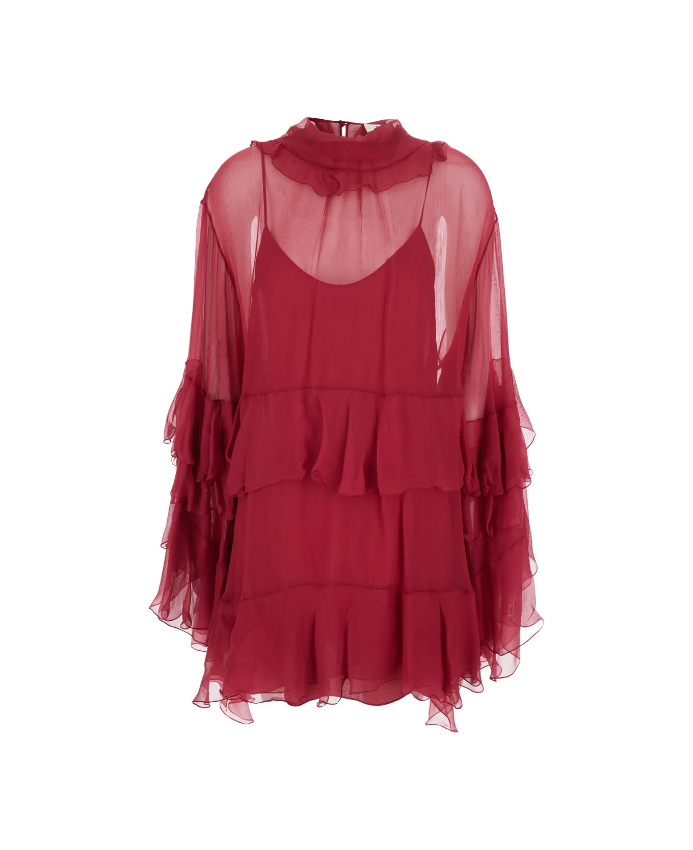 Fuchsia Crewneck Mini Dress With Ruches And Rear Button Closure In Silk Woman - 1