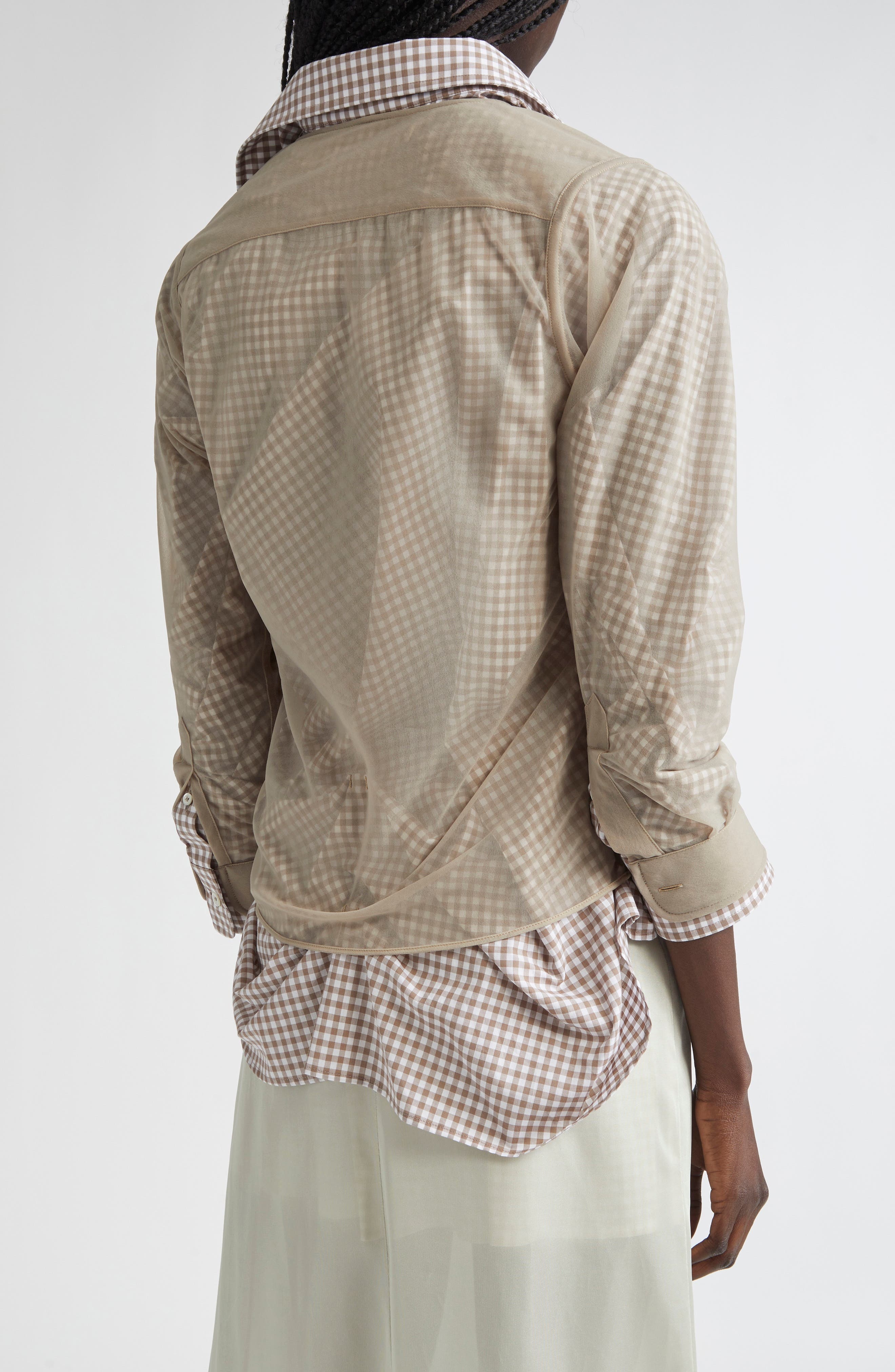 Maison Margiela Layered Mixed Media Button-Up Shirt in Camel And Tan/White at Nordstrom - 3