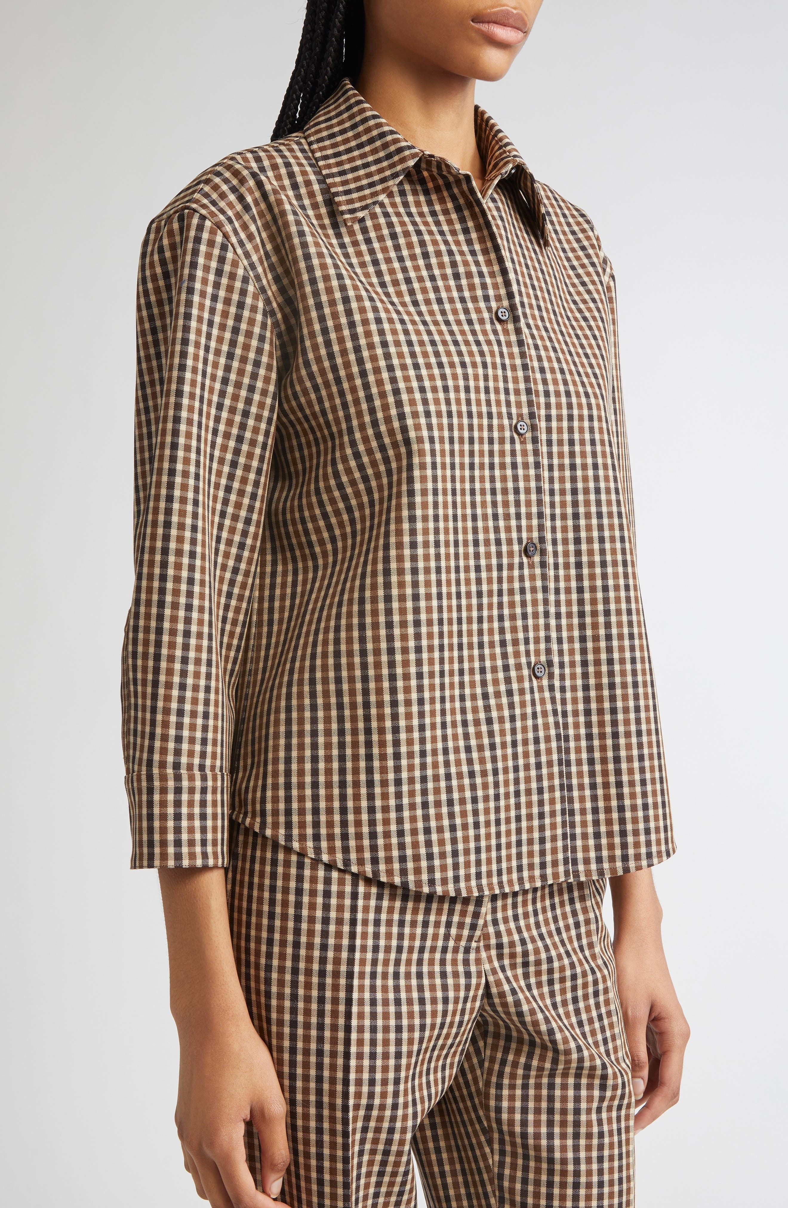 Jil Sander Classic Check Three-Quarter Sleeve Crop Button-Up Shirt in Hazelnut Mouline at Nordstrom - 5