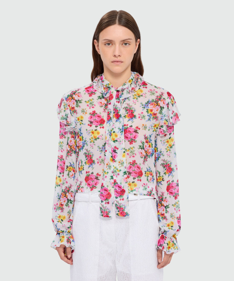 MSGM White viscose georgette blouse with floral print and ruffled collar outlook