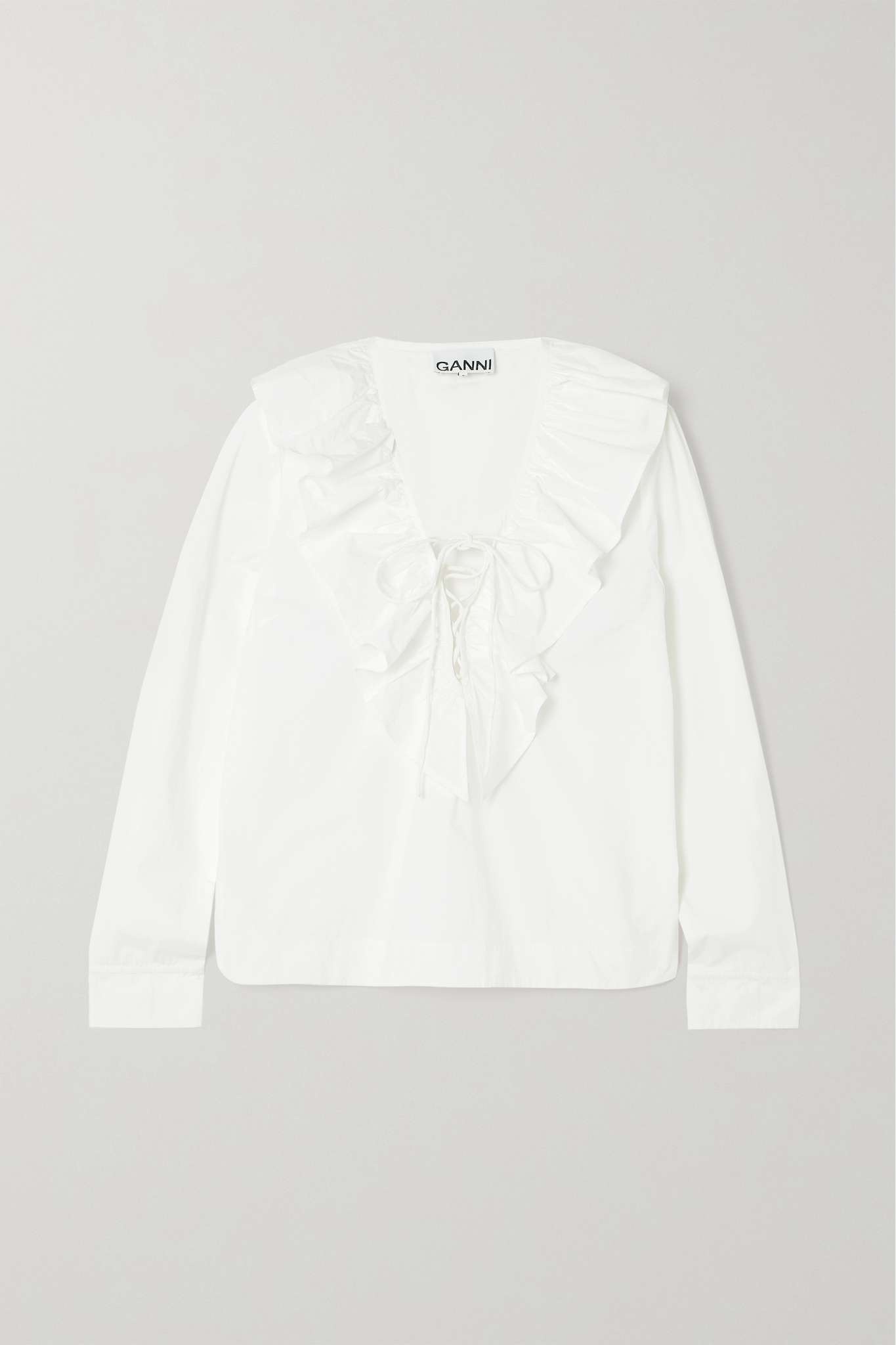 Ruffled lace-up organic cotton-poplin blouse - 1