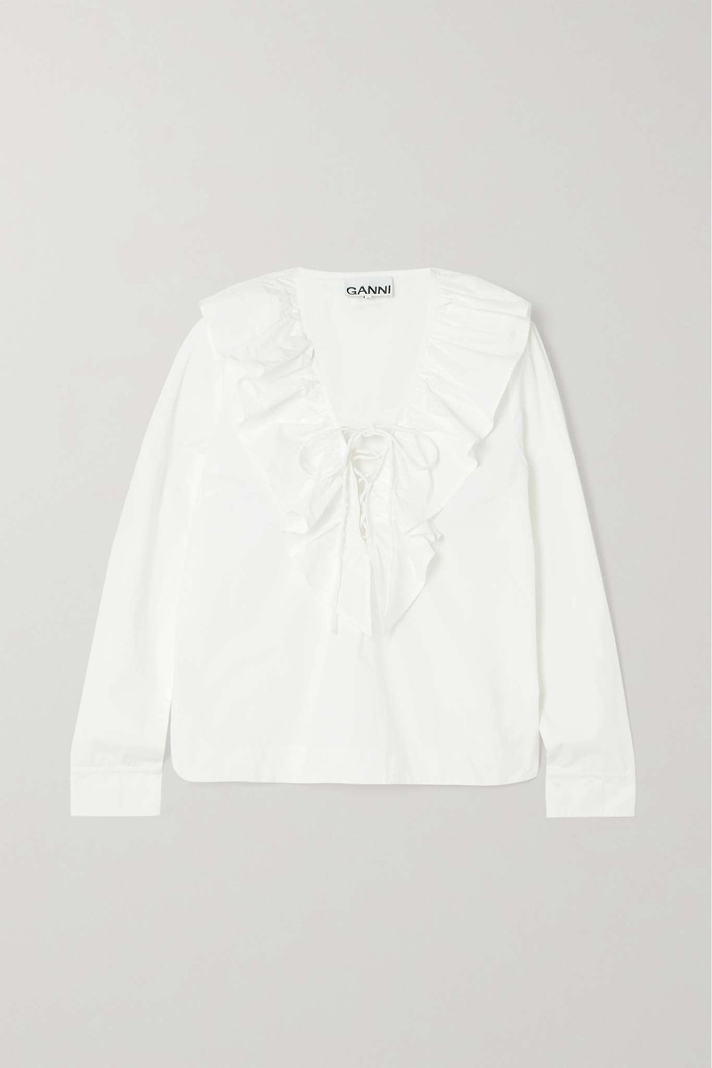 Ruffled lace-up organic cotton-poplin blouse 1