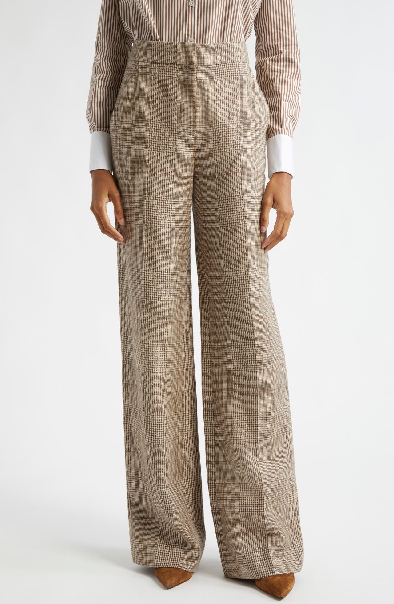 Veronica Beard Tonelli Windowpane Plaid Linen & Cotton Pants in Ecru/Ochre at Nordstrom - 1