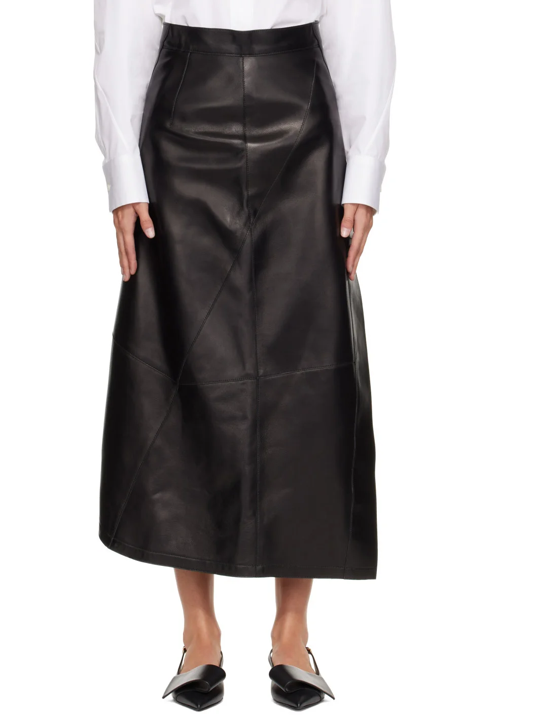 Black Asymmetric Leather Midi Skirt - 1