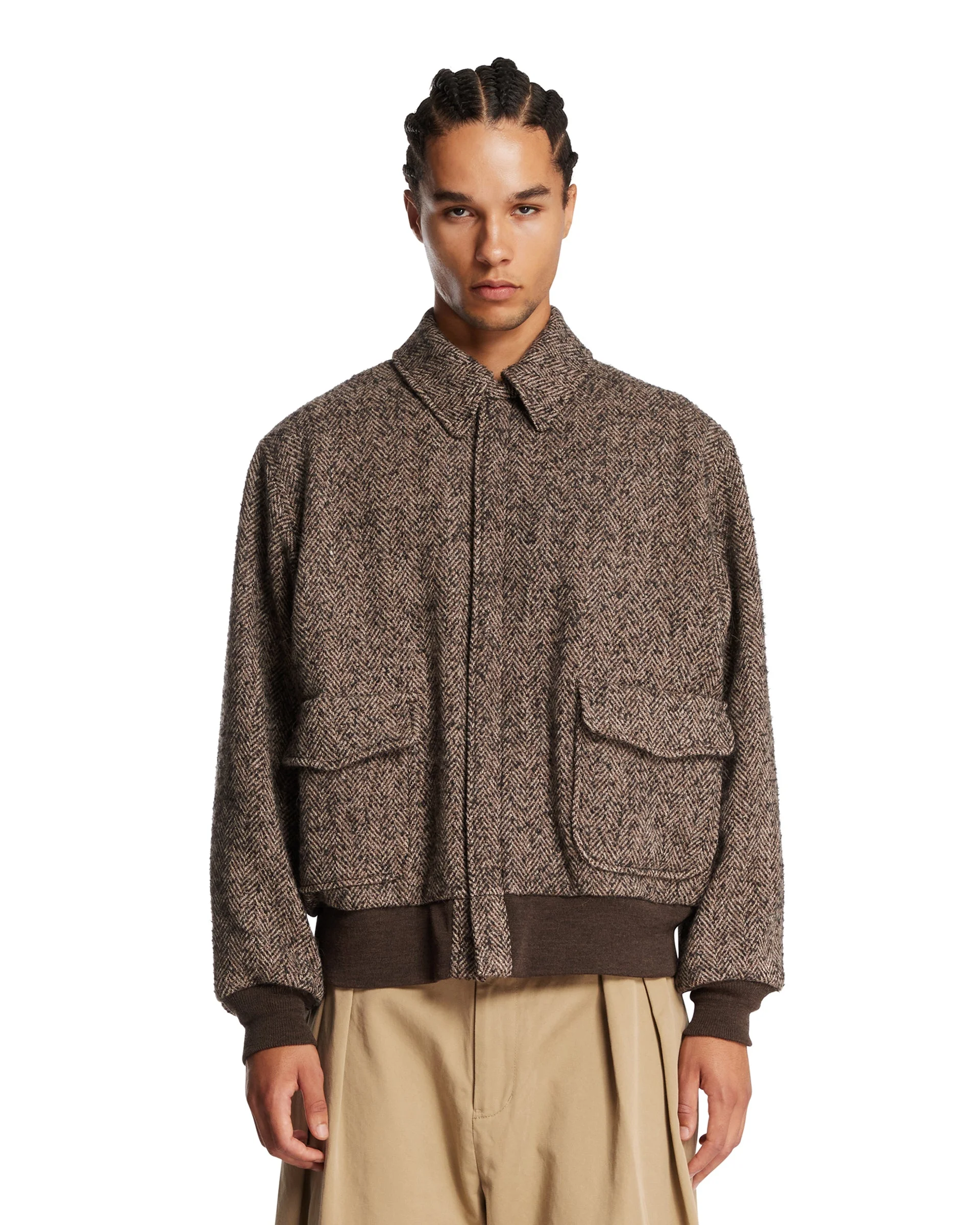Brown Herringbone Wool Bomber - 1