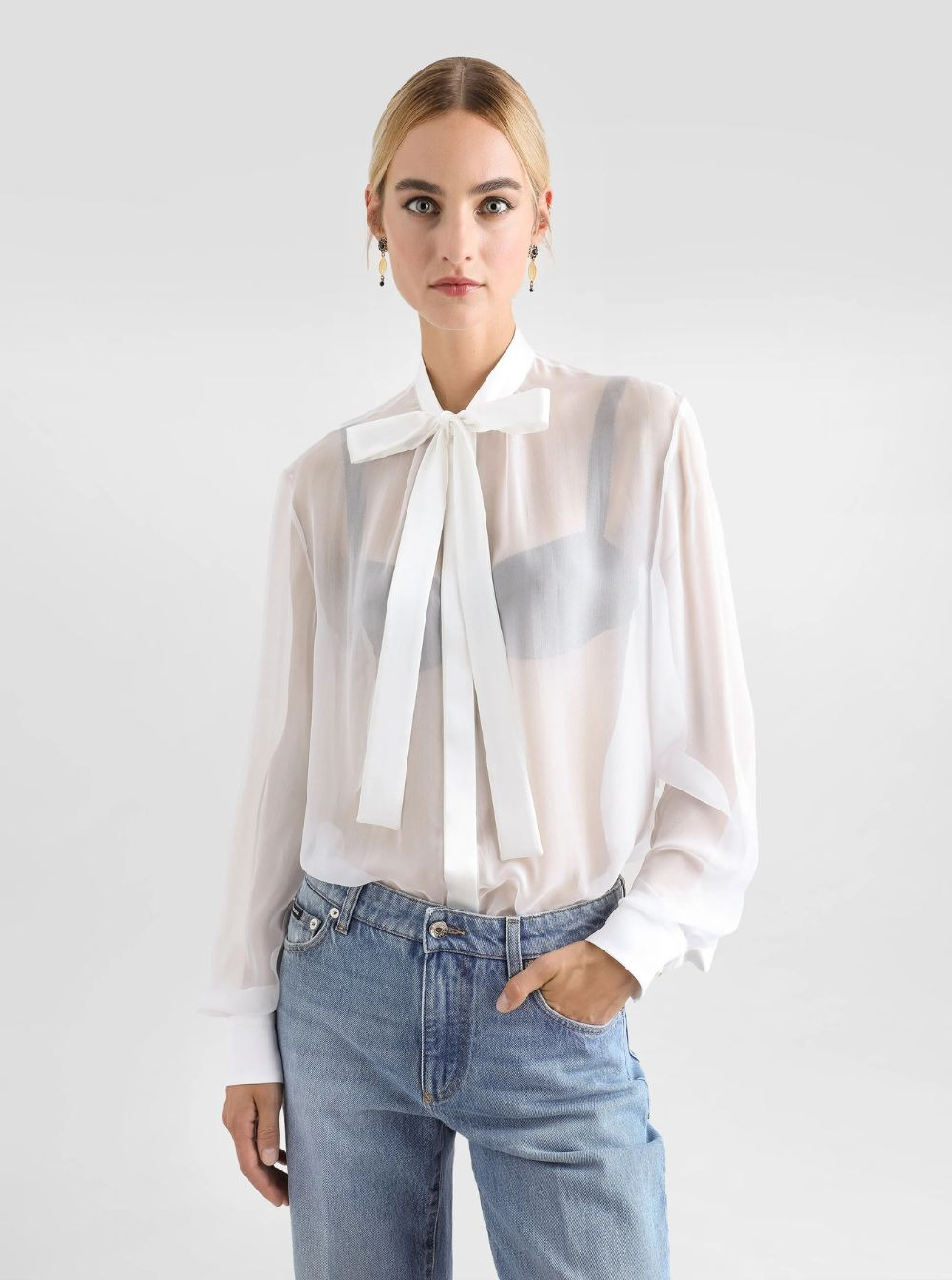 Dolce & Gabbana Women White Shirt With Pussy-Bow Collar In Silk Woman - 4