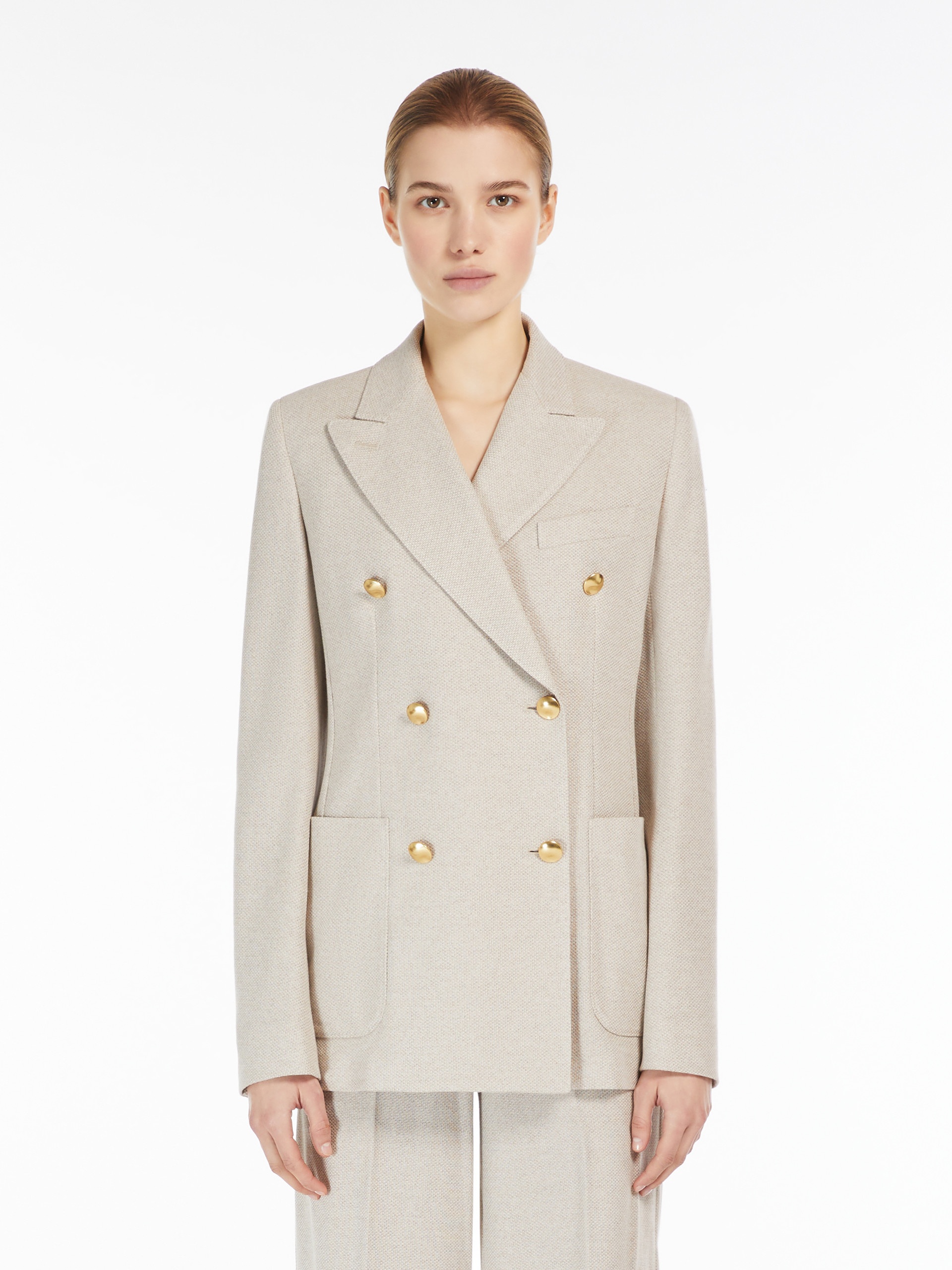 【送料&関税込】Max Mara Studio Double-breasted Jersey Blaze Double-breasted jersey blazer, camel | 