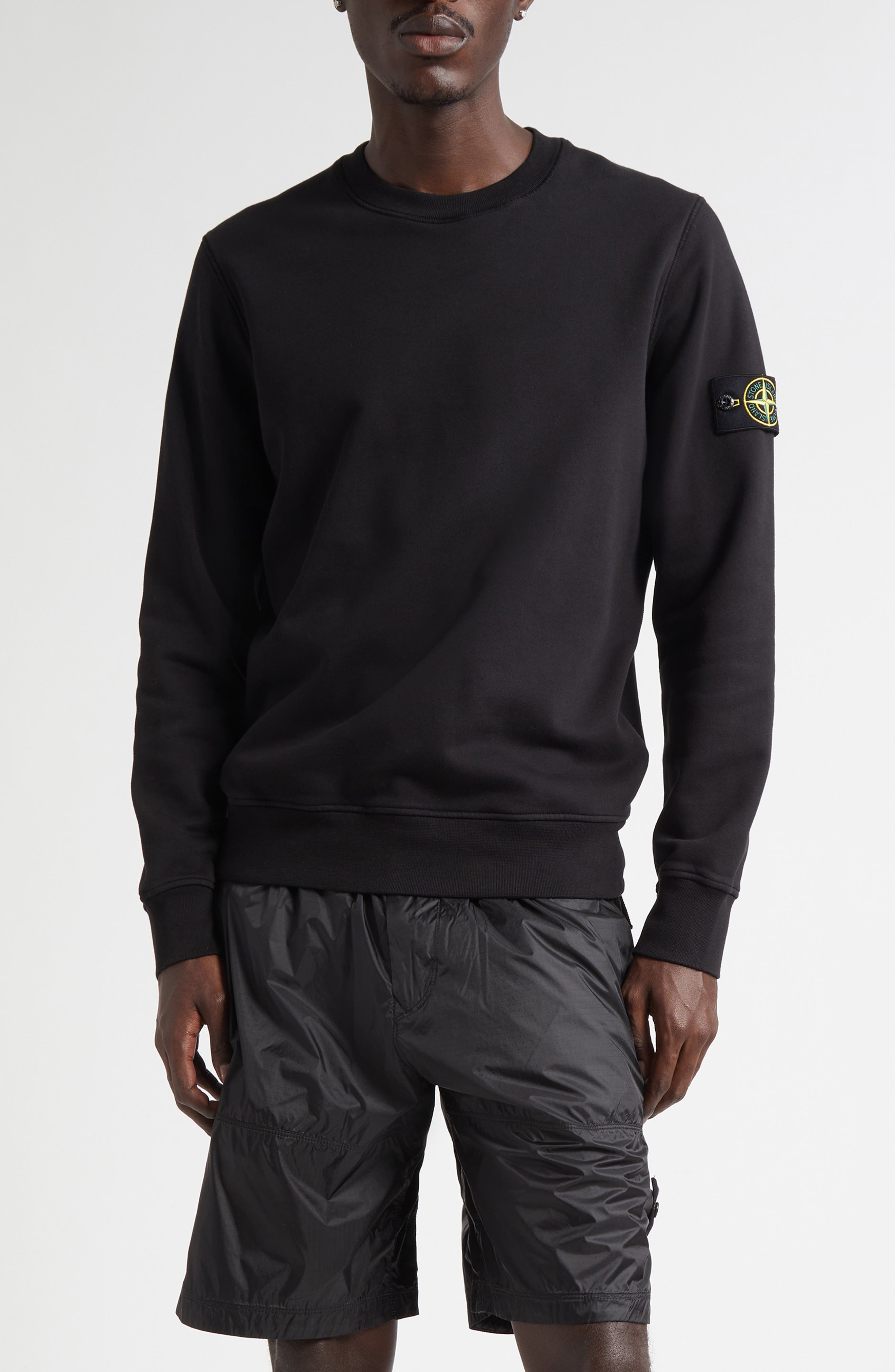 Stone Island Compass Logo Patch Cotton Crewneck Sweatshirt in V0029 Black at Nordstrom - 1