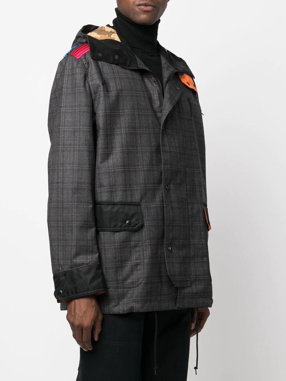 check-pattern hooded coat - 3