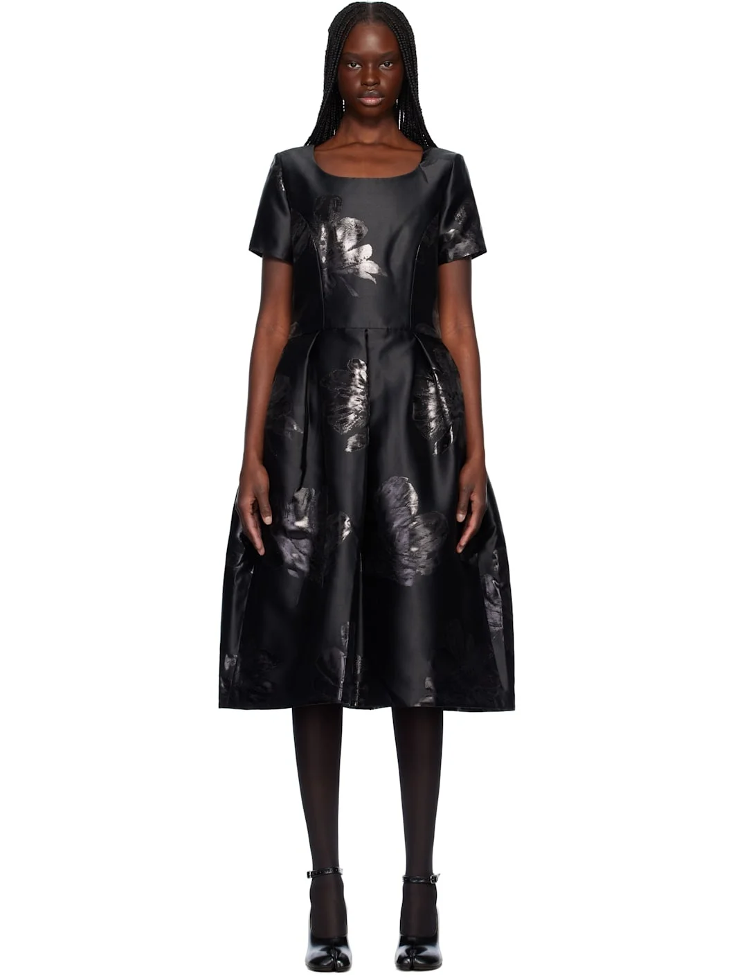 Black Jacquard Floral Pattern Midi Dress - 1