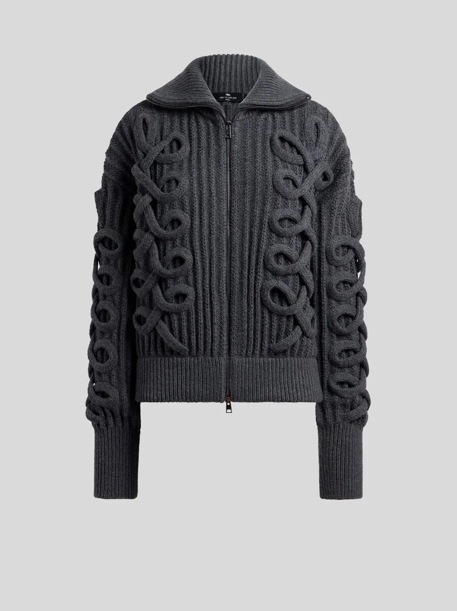RIBBED WOOL-BLEND CARDIGAN WITH ZIP AND WOVEN DETAILING - 1