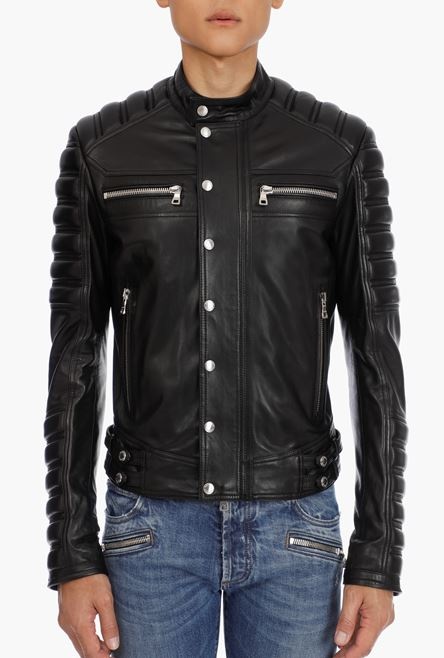 Black leather biker jacket with embossed Balmain logo - 7