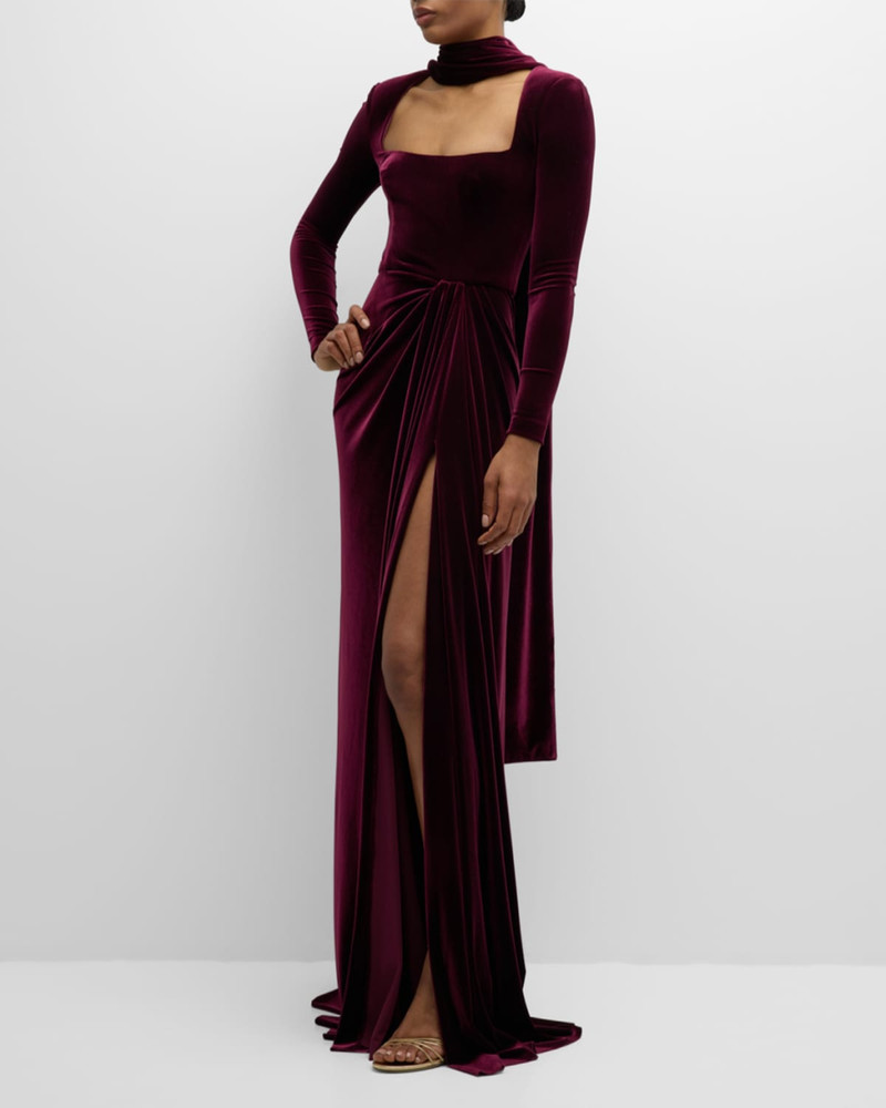 Square-Neck Long-Sleeve Velvet Scarf Gown 3