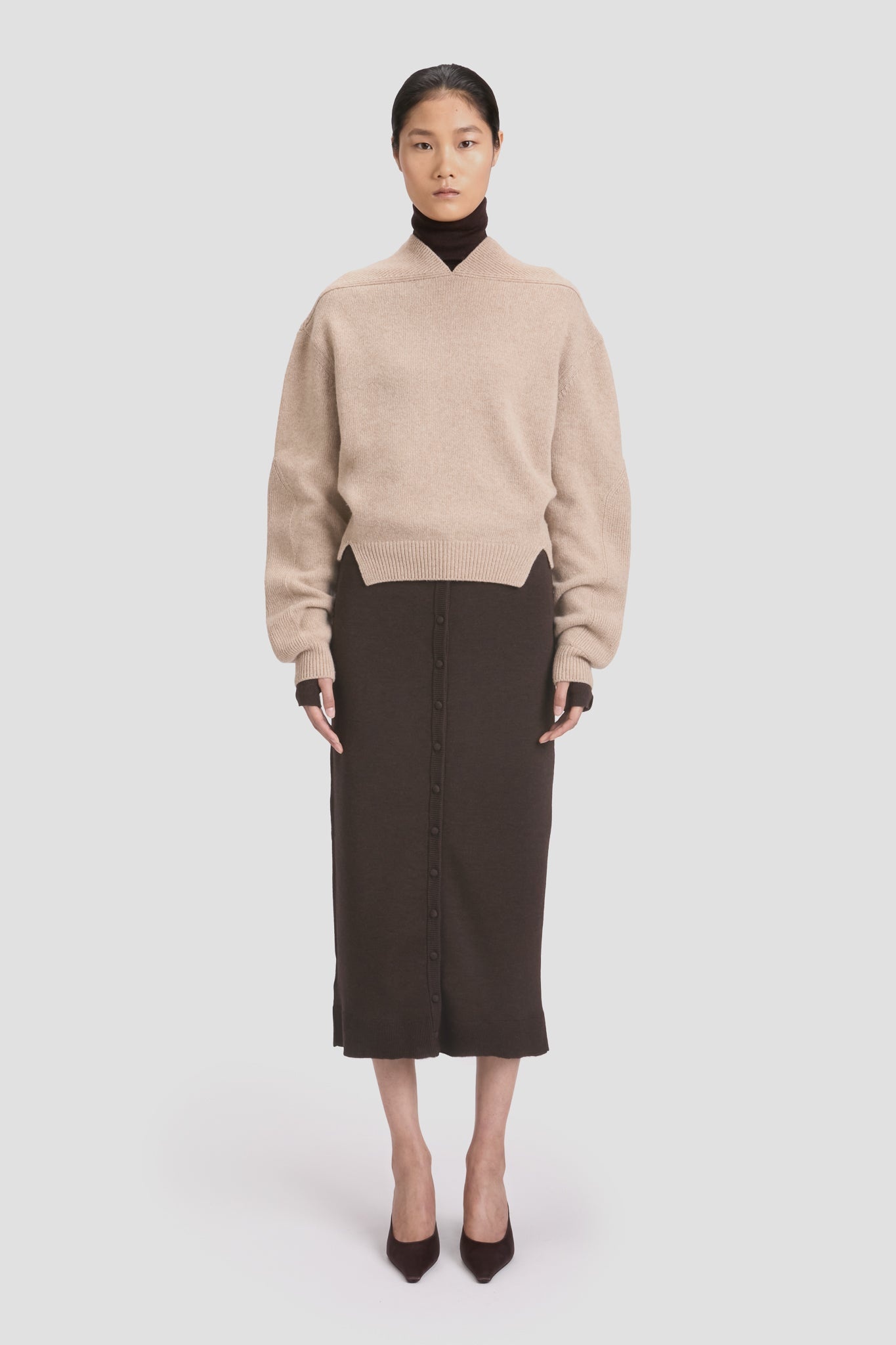 V-Neck Yoke Detail Jumper In Sand - 2