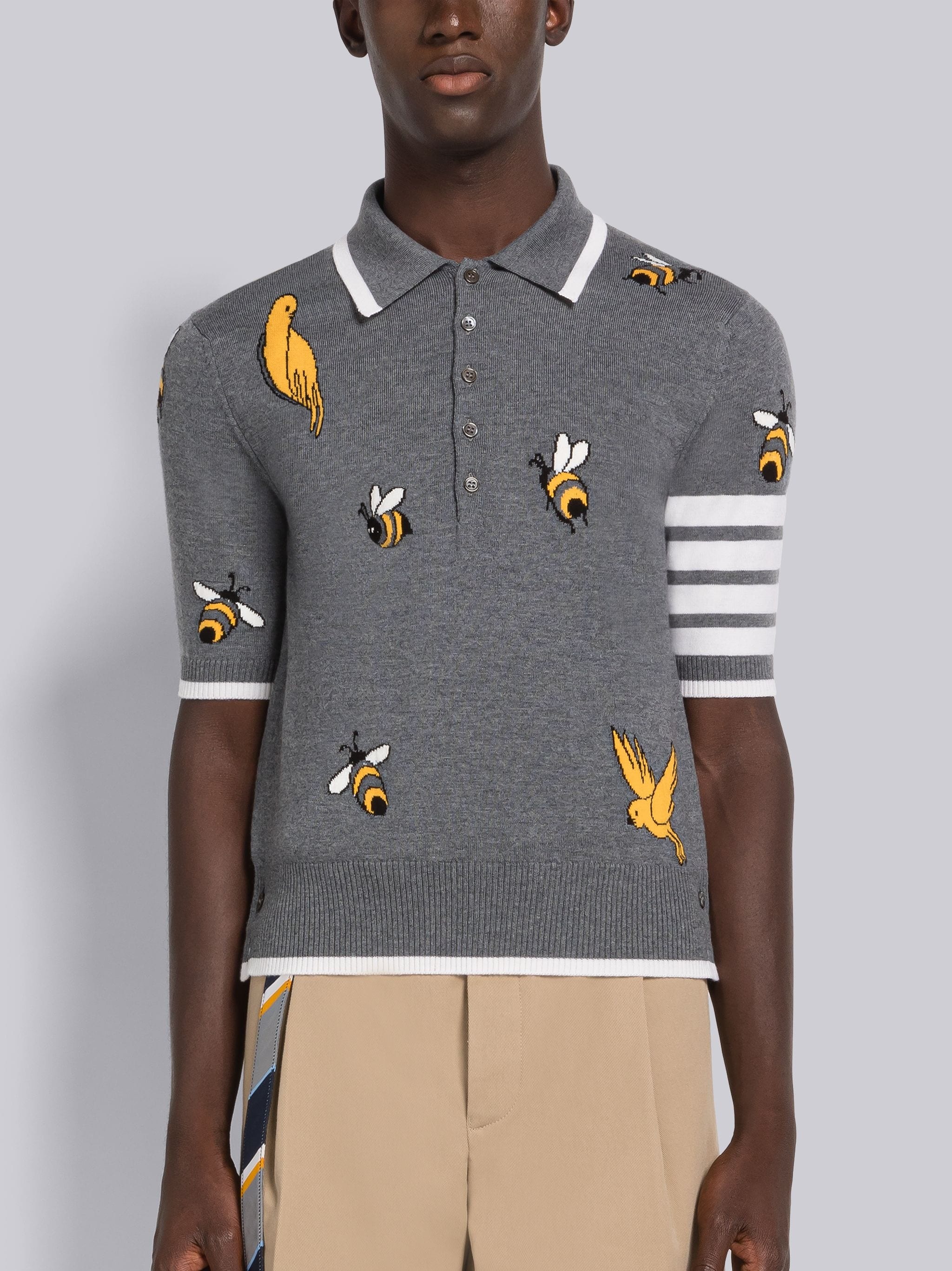 COTTON MERINO BIRDS AND BEES HALF DROP 4-BAR POLO - 1