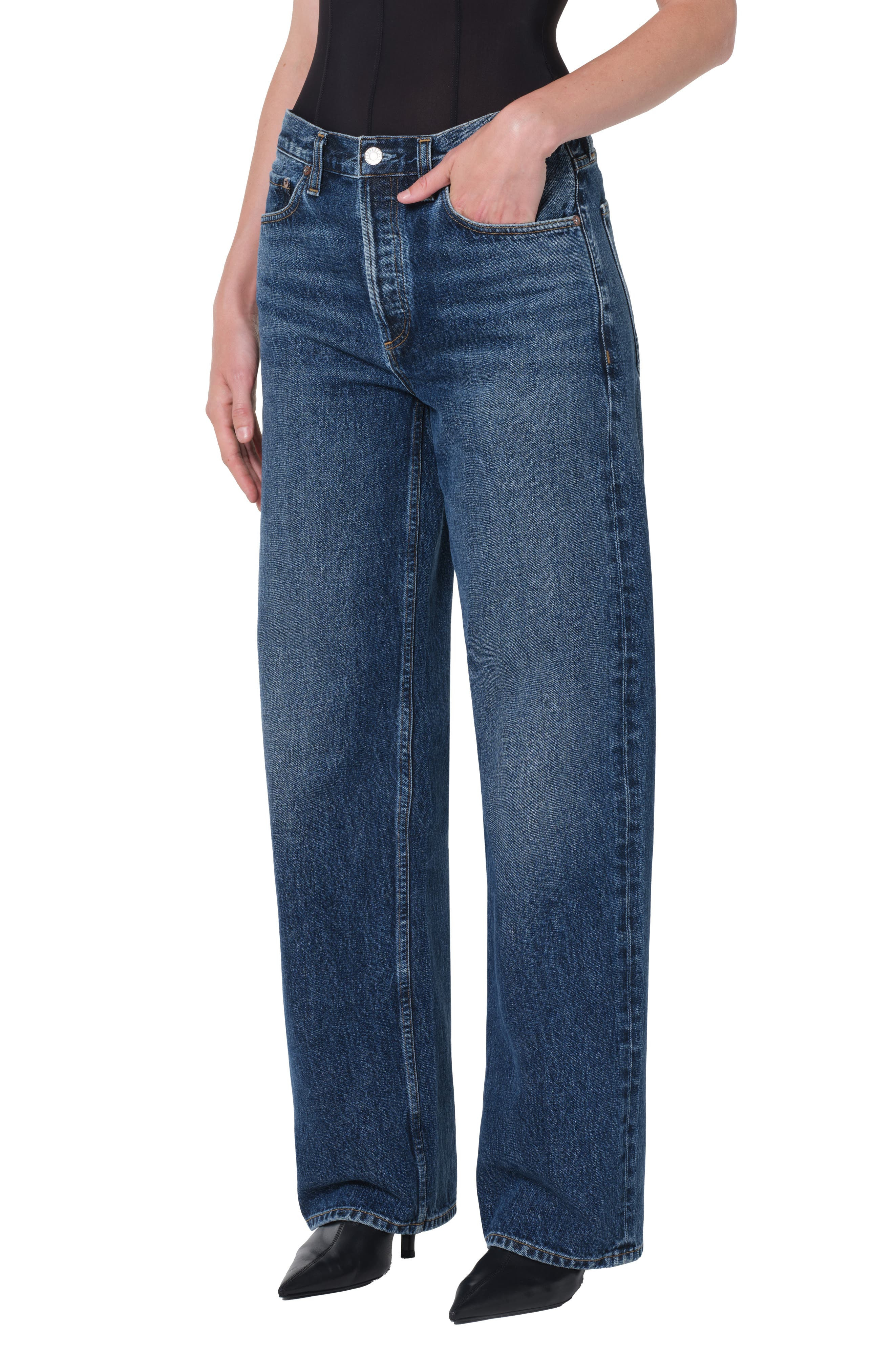 AGOLDE Arc Straight Leg Jeans in Short Wave Bright Dark Indigo at Nordstrom - 4