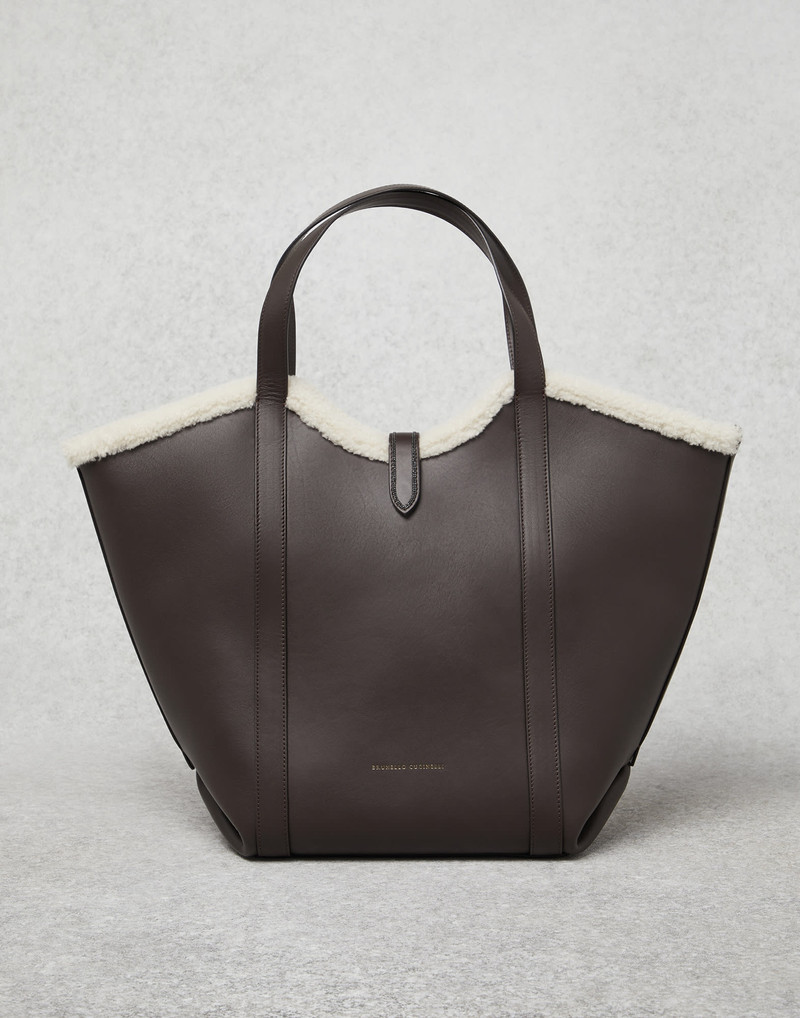 Matte calfskin shopper bag with merino shearling trims and monili 1