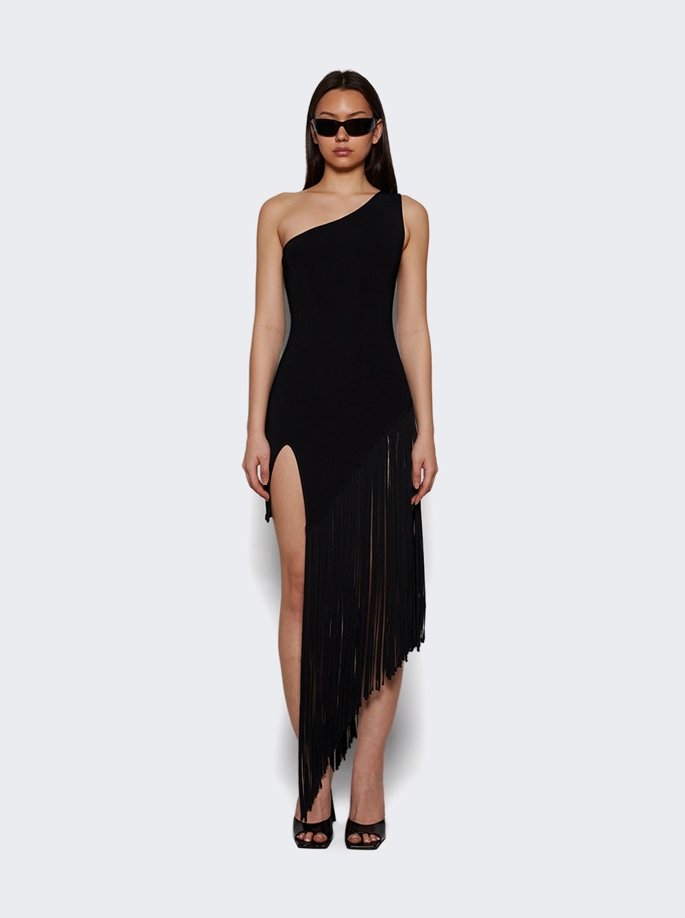 Side Fringe Detail Asymmetric Cut Knit Dress Black - 2