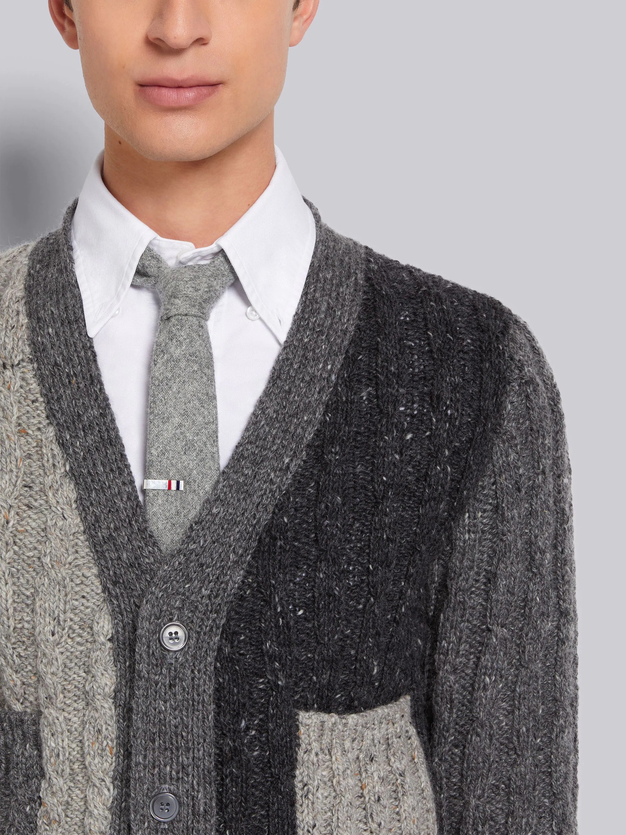 Tonal Grey Fun-Mix Mohair Tweed Stripe Cardigan - 5