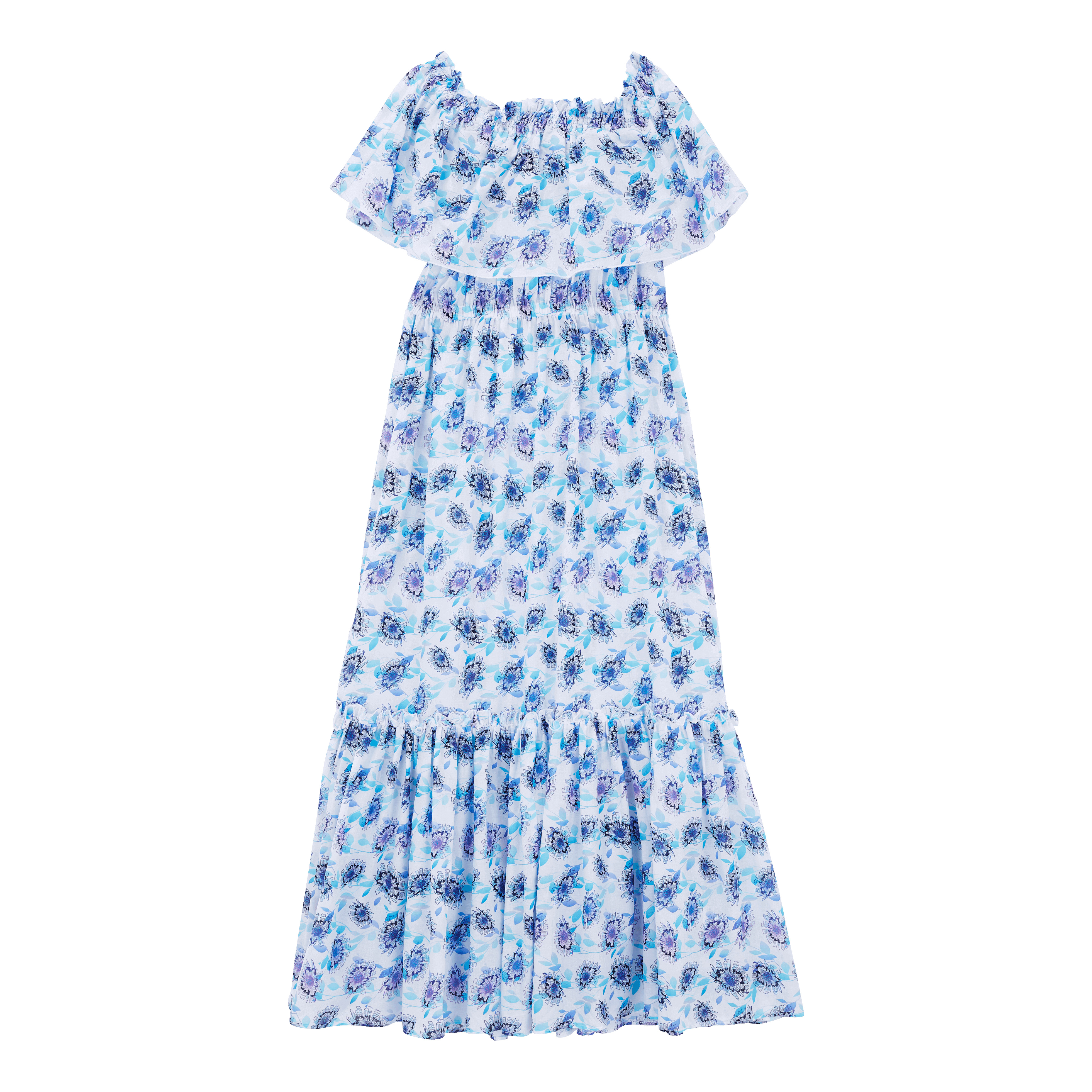 Women Long Off the Shoulders Cotton Dress Flash Flowers - 2