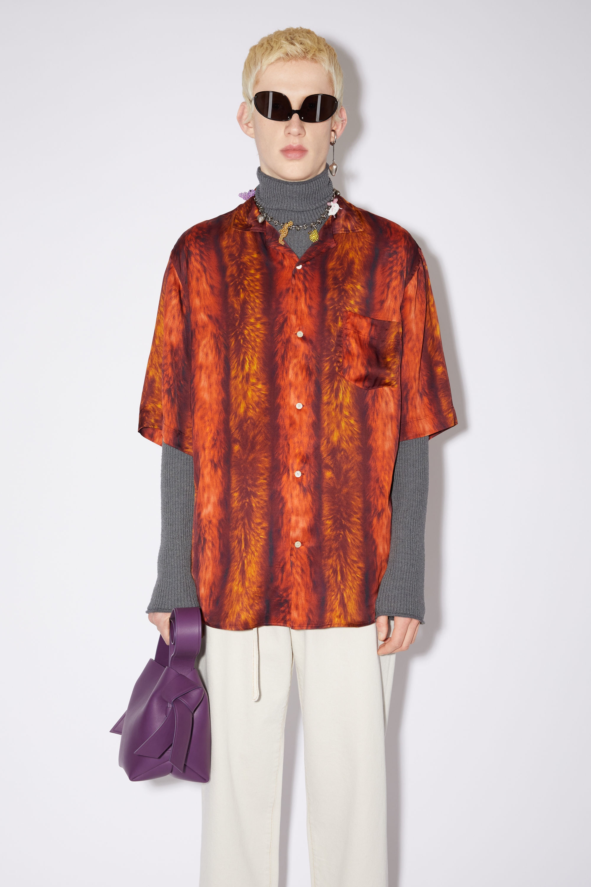 Fur print button-up short sleeve shirt - Red - 2
