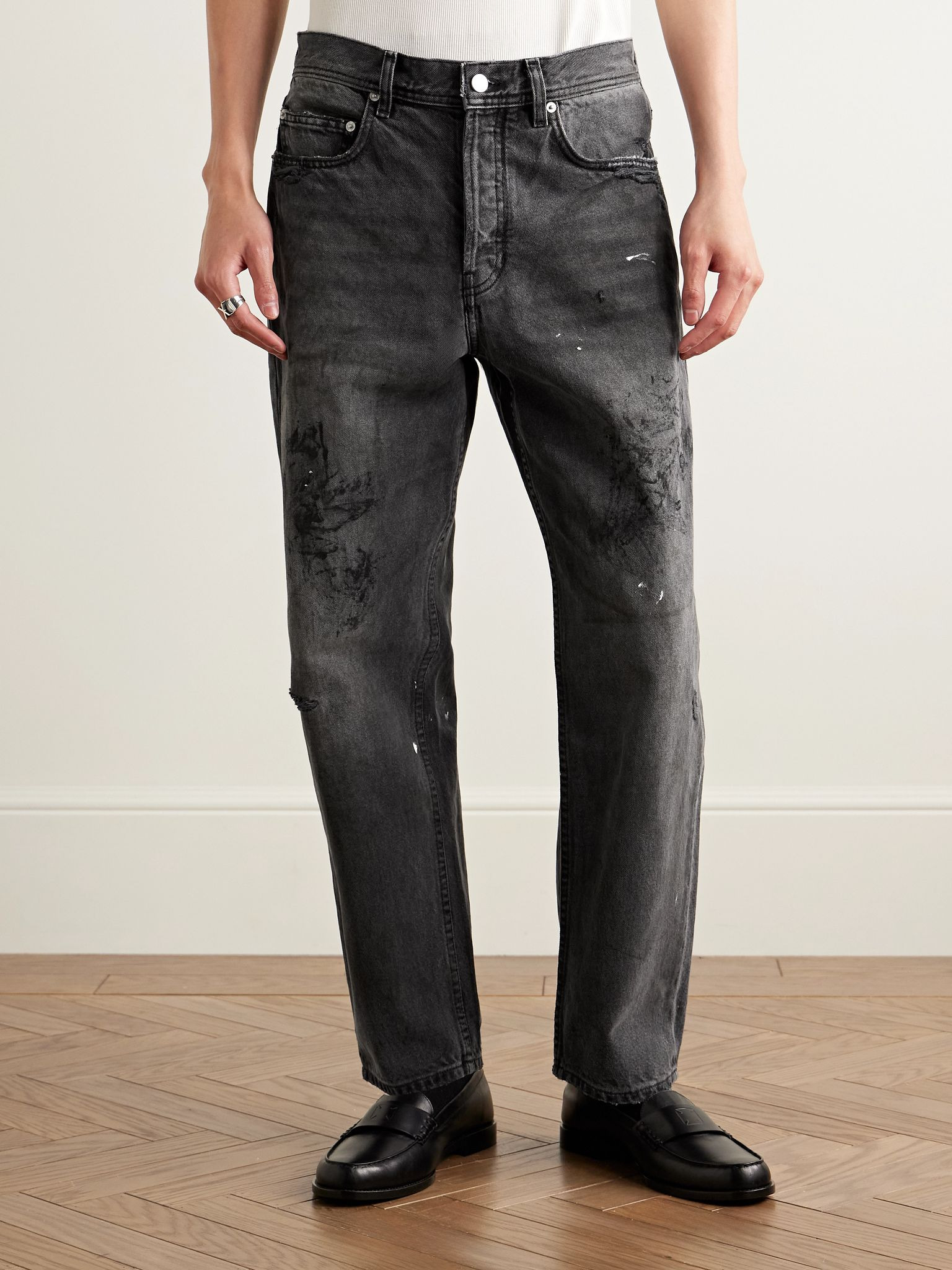 Straight-Leg Paint-Splattered Distressed Jeans Black - 3