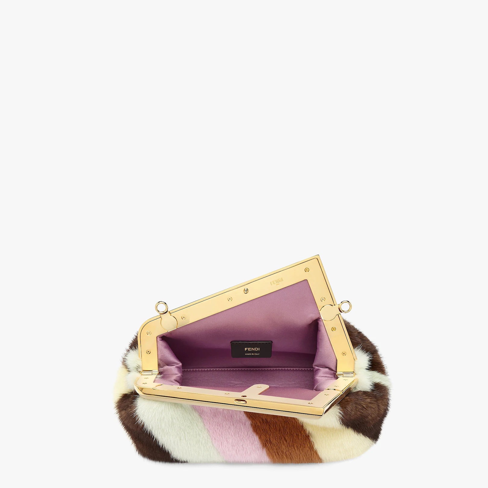 Small Fendi First bag in soft mink with hand inlays to create a multicolored diagonal striped motif. - 4