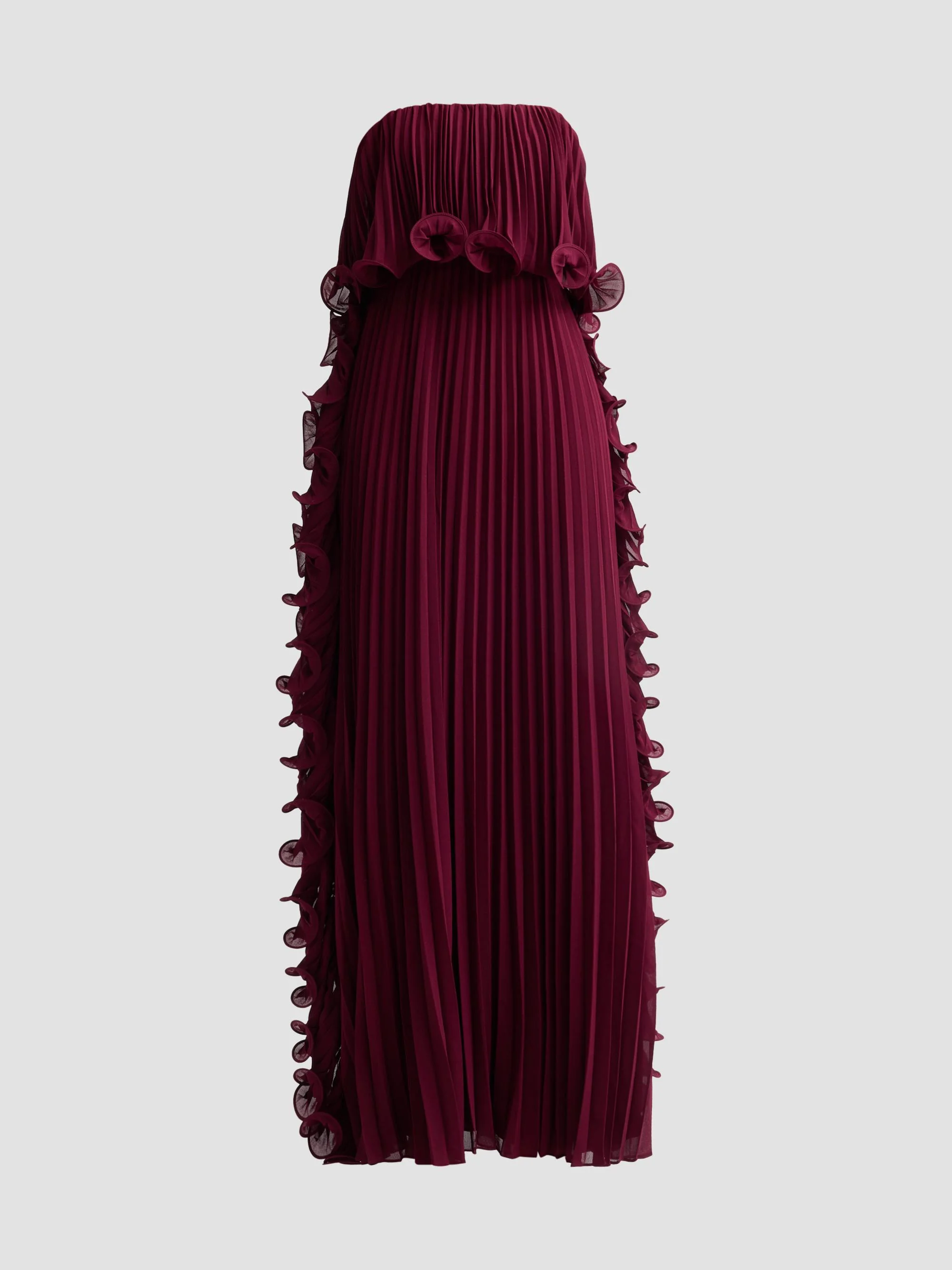 Women's Ruffle Pleated Chiffon Strapless Gown - Wine - 1