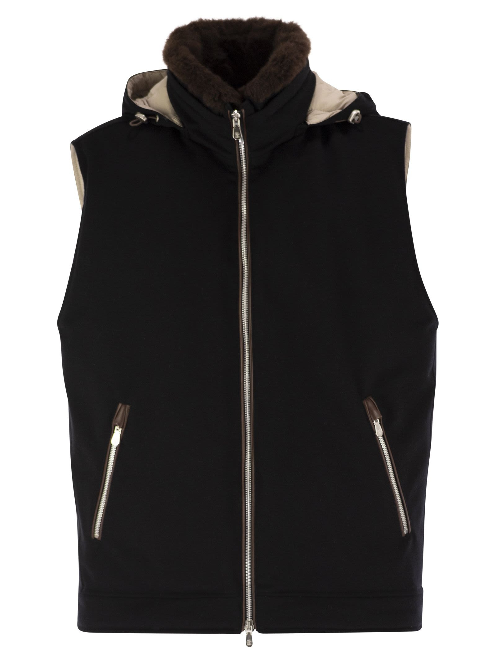 Brunello Cucinelli Men Wool Waistcoat With Fur Collar - 1