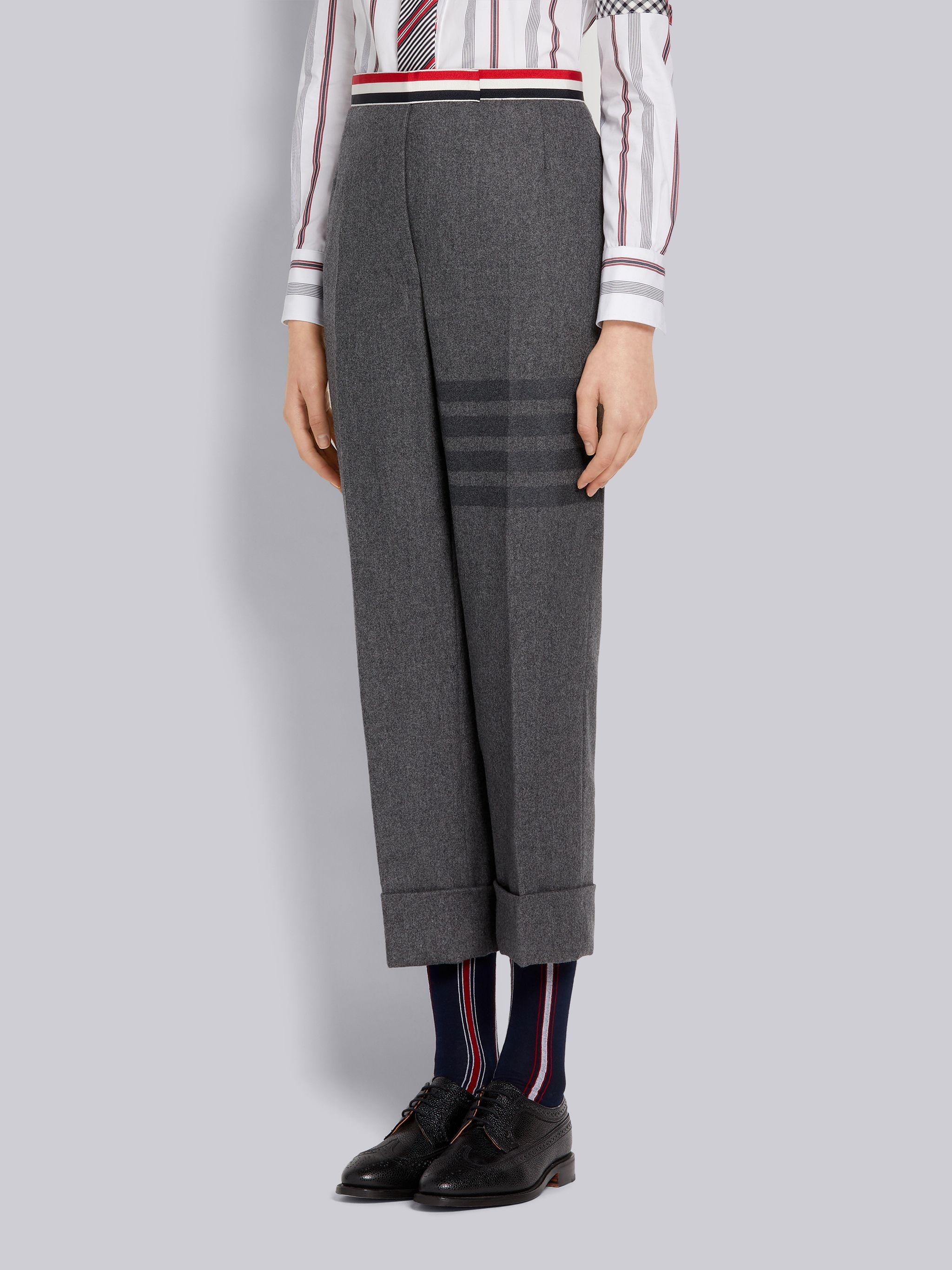 Medium Grey Wool Flannel Grosgrain Stripe Waistband Classic Backstrap Trouser - 2