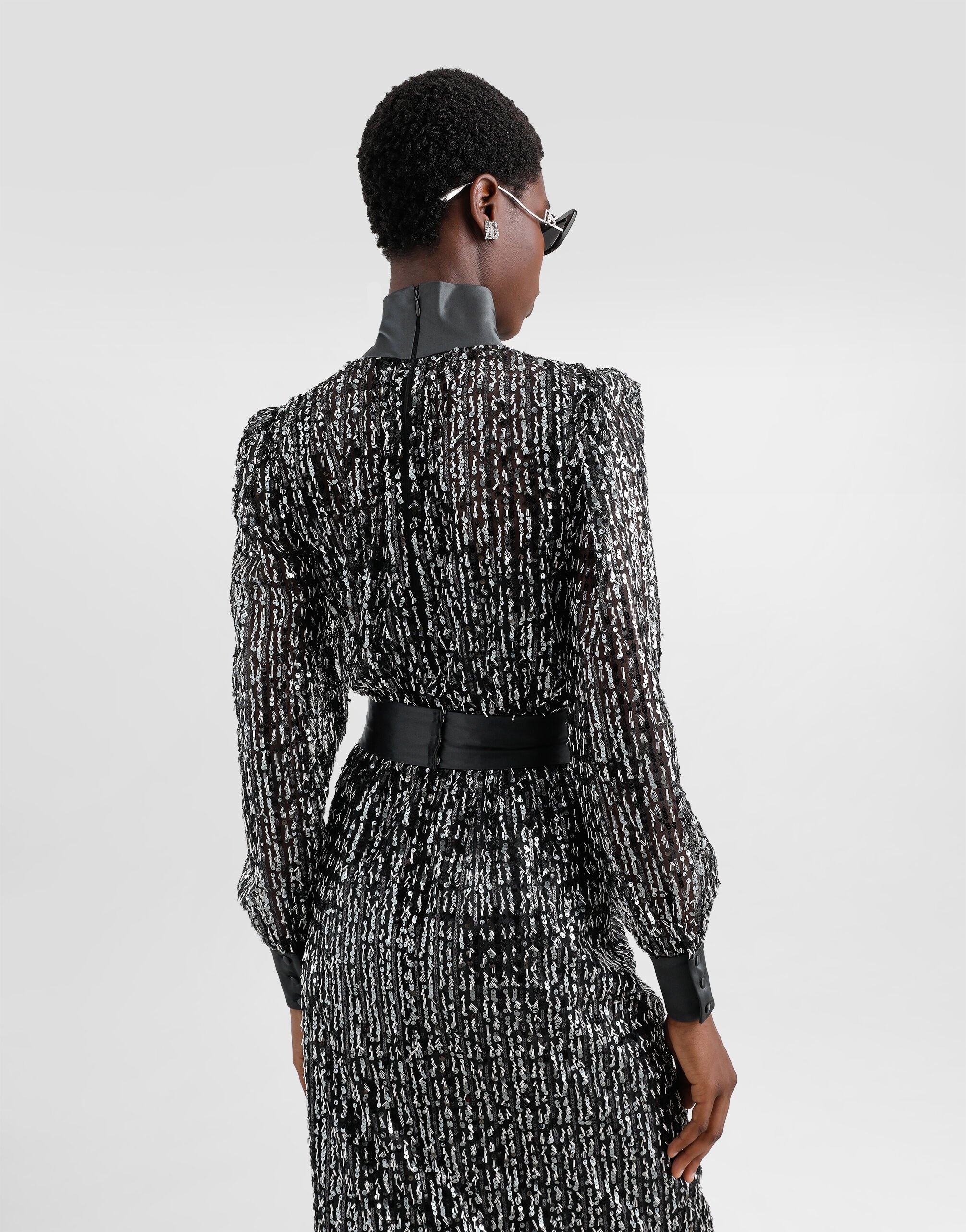 Midi dress with vertical sequin stripe embroidery - 6
