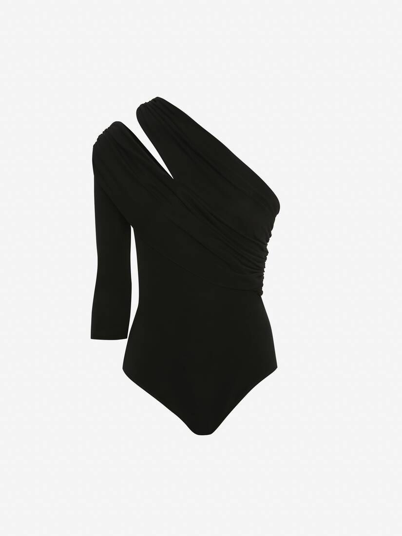 Women's Slashed One-shoulder Bodysuit in Black - 1