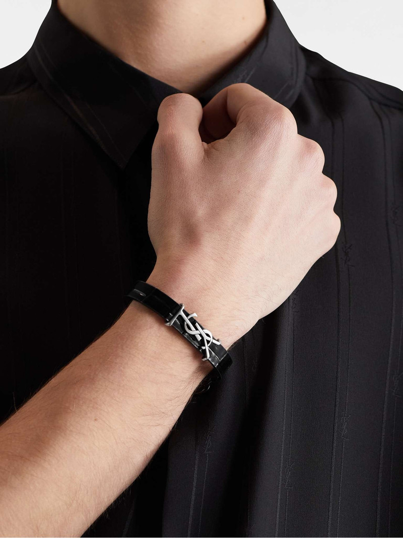 SAINT LAURENT Cassandre Croc-Effect Leather and Silver-Tone Bracelet outlook