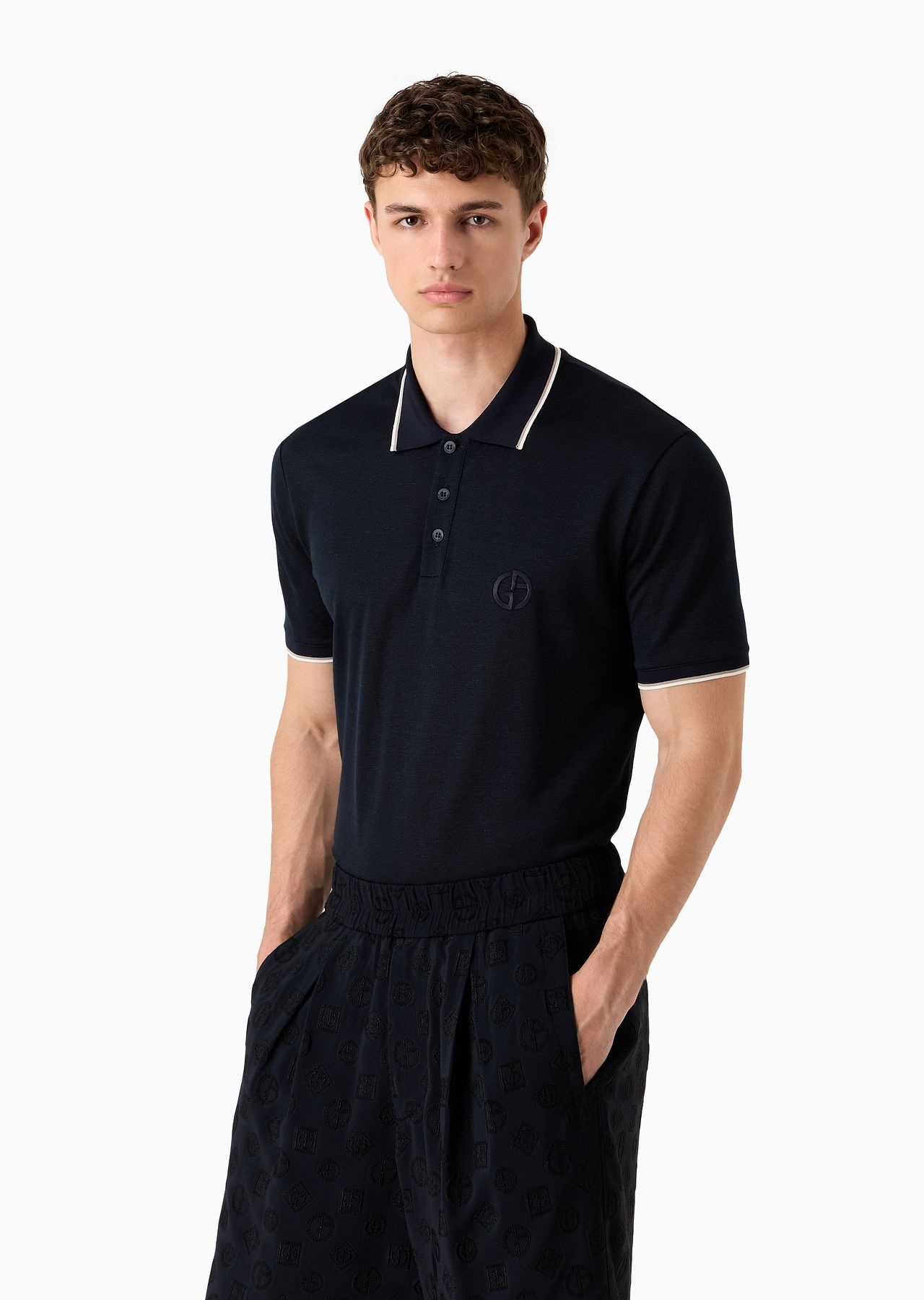 Short-sleeved polo shirt in silk, linen and cotton jersey - 2