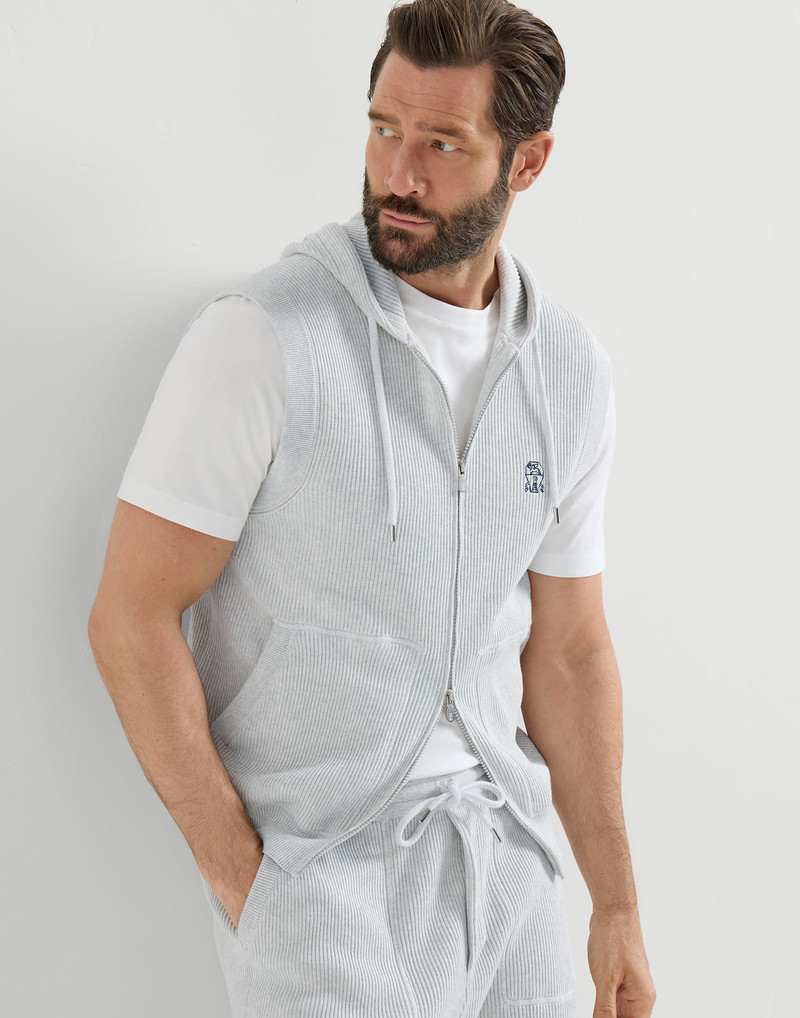 Cotton English rib knit hooded vest with logo and zipper 5